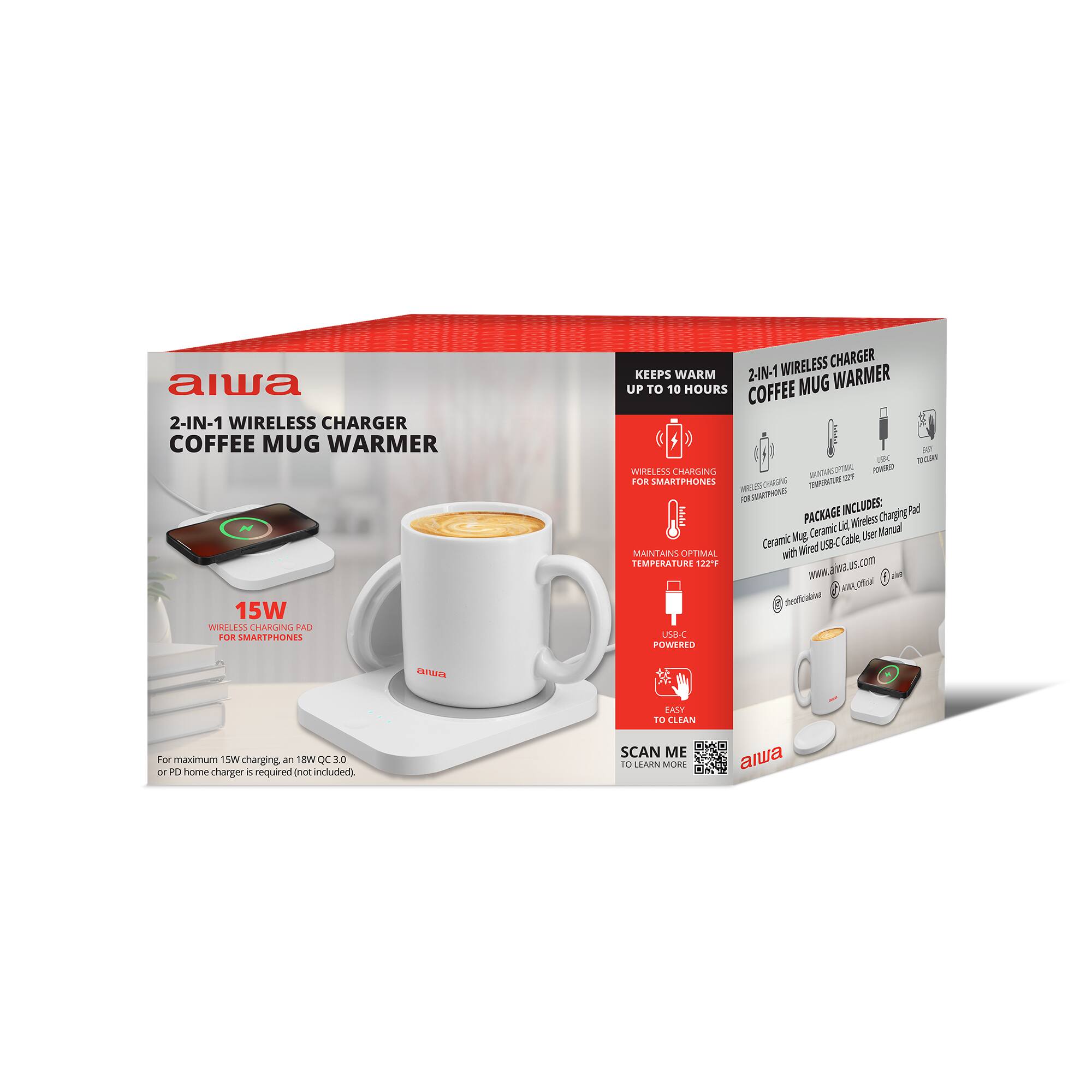 alwa 2-IN-1 WIRELESS CHARGER COFFEE MUG WARMER 15W WIRELESS CHARGING PAD FOR SMARTPHONES WIRELESS CHARGER KEEPS WARM 2-IN-1 WARMER UP TO 10 HOURS COFFEE MUG

PACKAGE INCLUDES:
- Charging Pad
- Wireless Charging Lid
- User Manual
- Ceramic Mug
- USB Cable

MAINTAINS OPTIMAL TEMPERATURE 122°F

For maximum 15W charging, an 18W QC 3.0 or PD home charger is required (not included)

SCAN ME TO LEARN MORE

www.alwa.us.com
