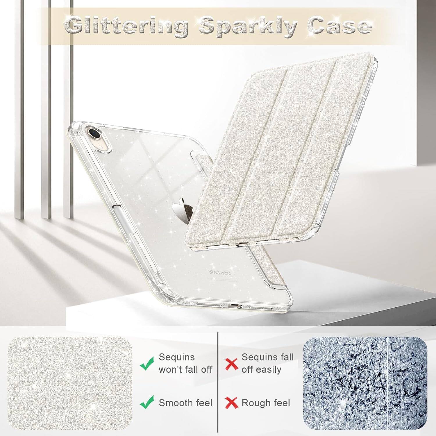 Glittering Sparkly Case

iPadmini

- Sequins won't fall off
- Sequins fall off easily
- Smooth feel
- Rough feel