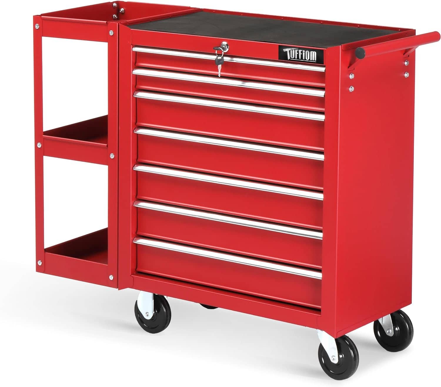 Winado - 7-Drawer Rolling Tool Chest Tool Cabinet Storage Box with Side Shelves & Wheels & Lock & Key & Drawer Liner for Workshop - Red