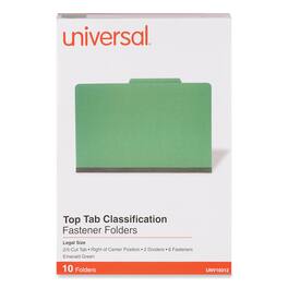 Universal - Bright Colored Pressboard Folders, 2" Expansion, 2 Dividers, 6 Fasteners, Legal Size, Emerald Green, 10/Box