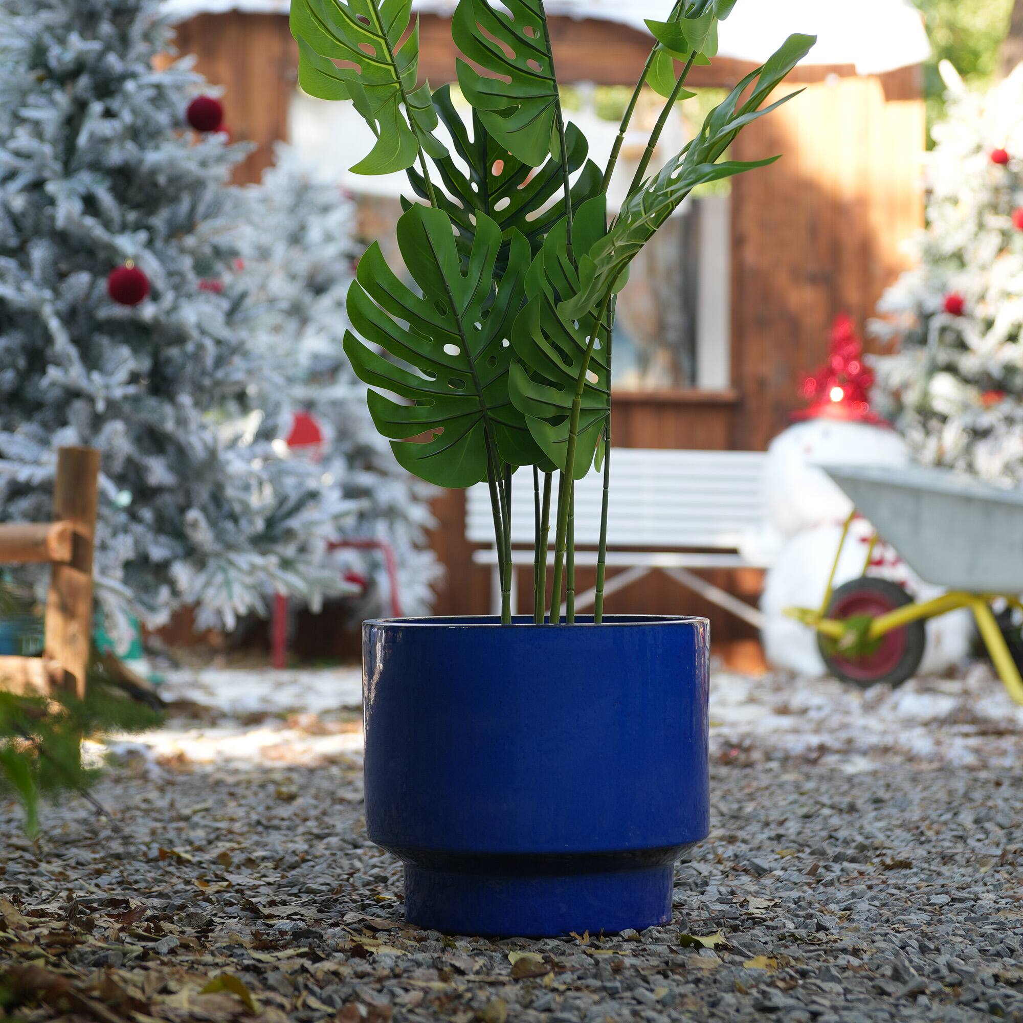 Back. Loheer - Ceramic Planter Set Loheer Handmade Blue Glazed Flower Pots Set of 3, Porous Clay Indoor Outdoor Planters, 15 12 9 Inch.