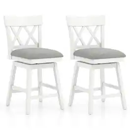 Gymax - 26'' Bar Stool Wooden Chair Set of 2 w/Contoured Backrest Swivel Padded Seat White & Gray - White, Gray
