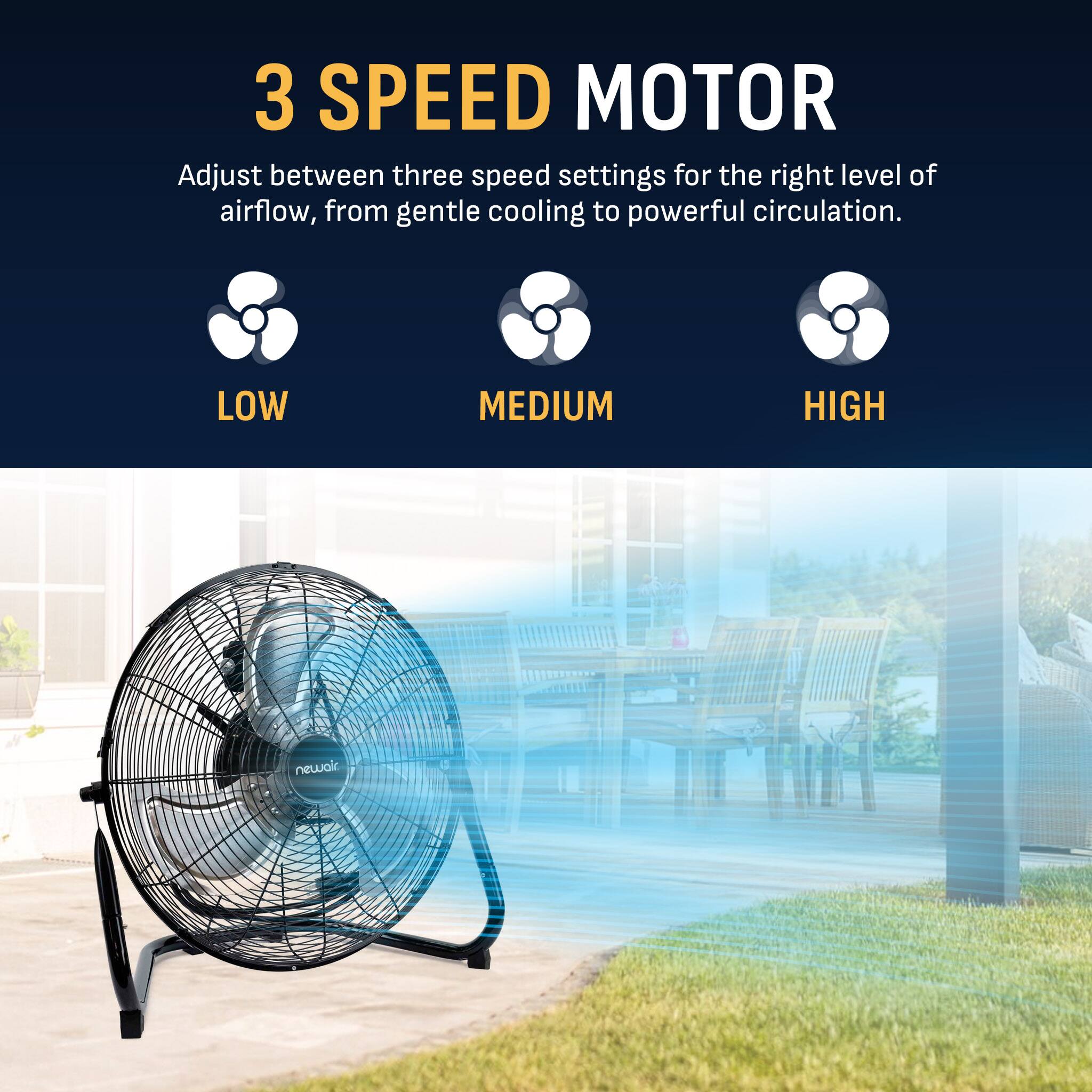 3 SPEED MOTOR  
Adjust between three speed settings for the right level of airflow, from gentle cooling to powerful circulation.  
LOW  
MEDIUM  
HIGH  
newair.