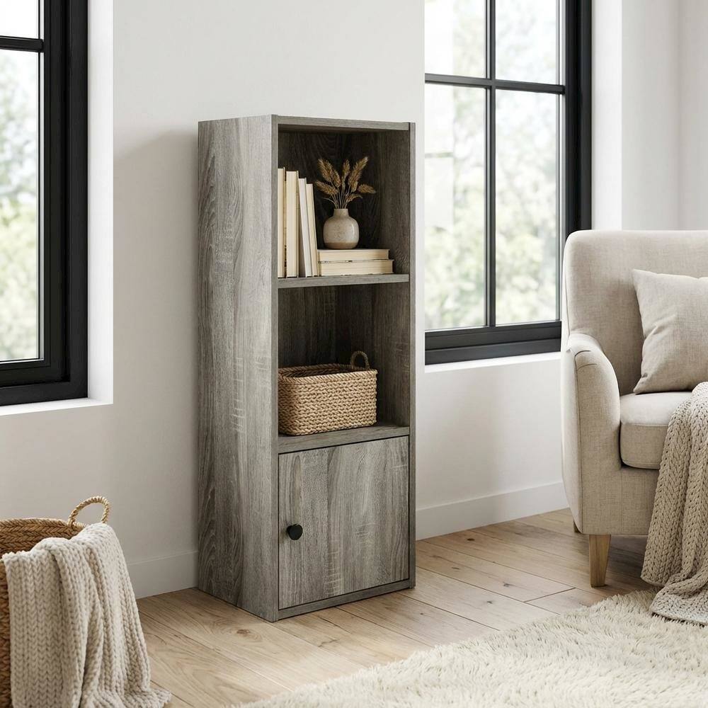 Left. FurniFact - Wooden 3-Tier Shelf Bookcase with Door Storage in French Oak Finish - French Oak.