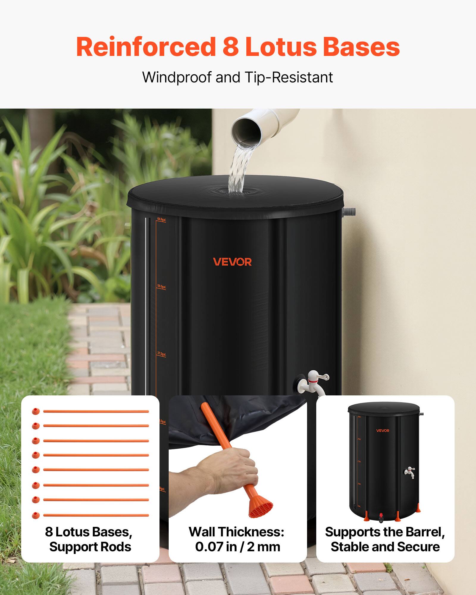 Reinforced 8 Lotus Bases Windproof and Tip-Resistant

VEVOR S P2

8 Lotus Bases, Support Rods

Wall Thickness: 0.07 in / 2 mm

Supports the Barrel, Stable and Secure