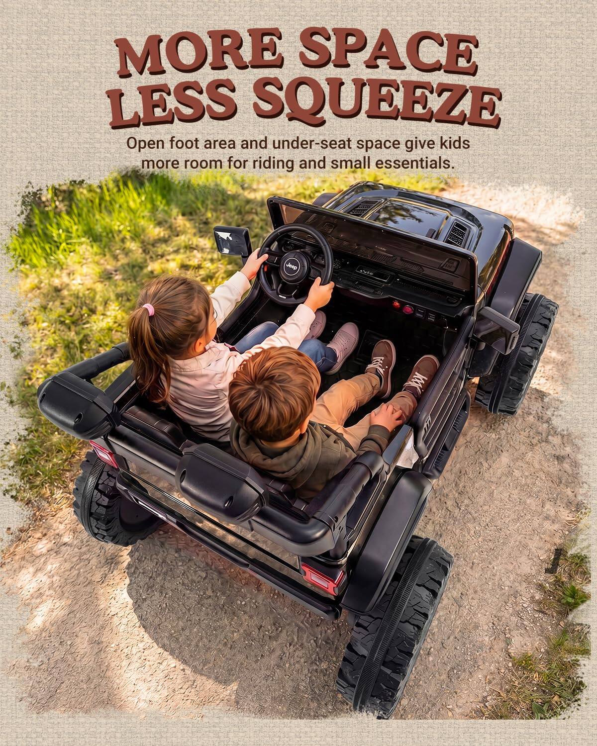 MORE SPACE LESS SQUEEZE  
Open foot area and under-seat space give kids more room for riding and small essentials.