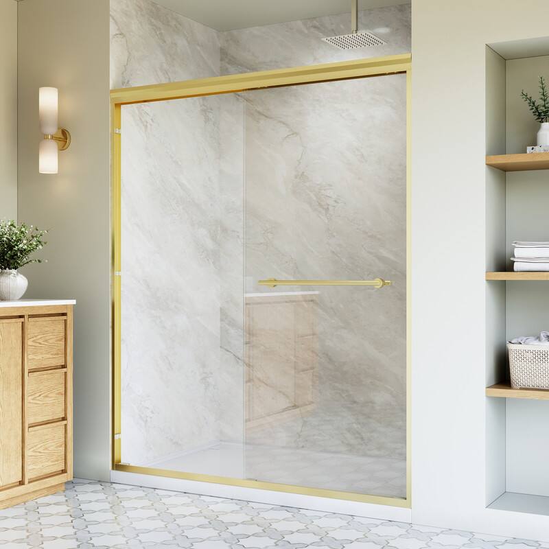 Left. WELLFOR - 56-60 in. W x 72 in. H Framed Sliding Shower Door with 1/4 in. Clear Tempered Safety Glass,Reversible - Brushed Gold.
