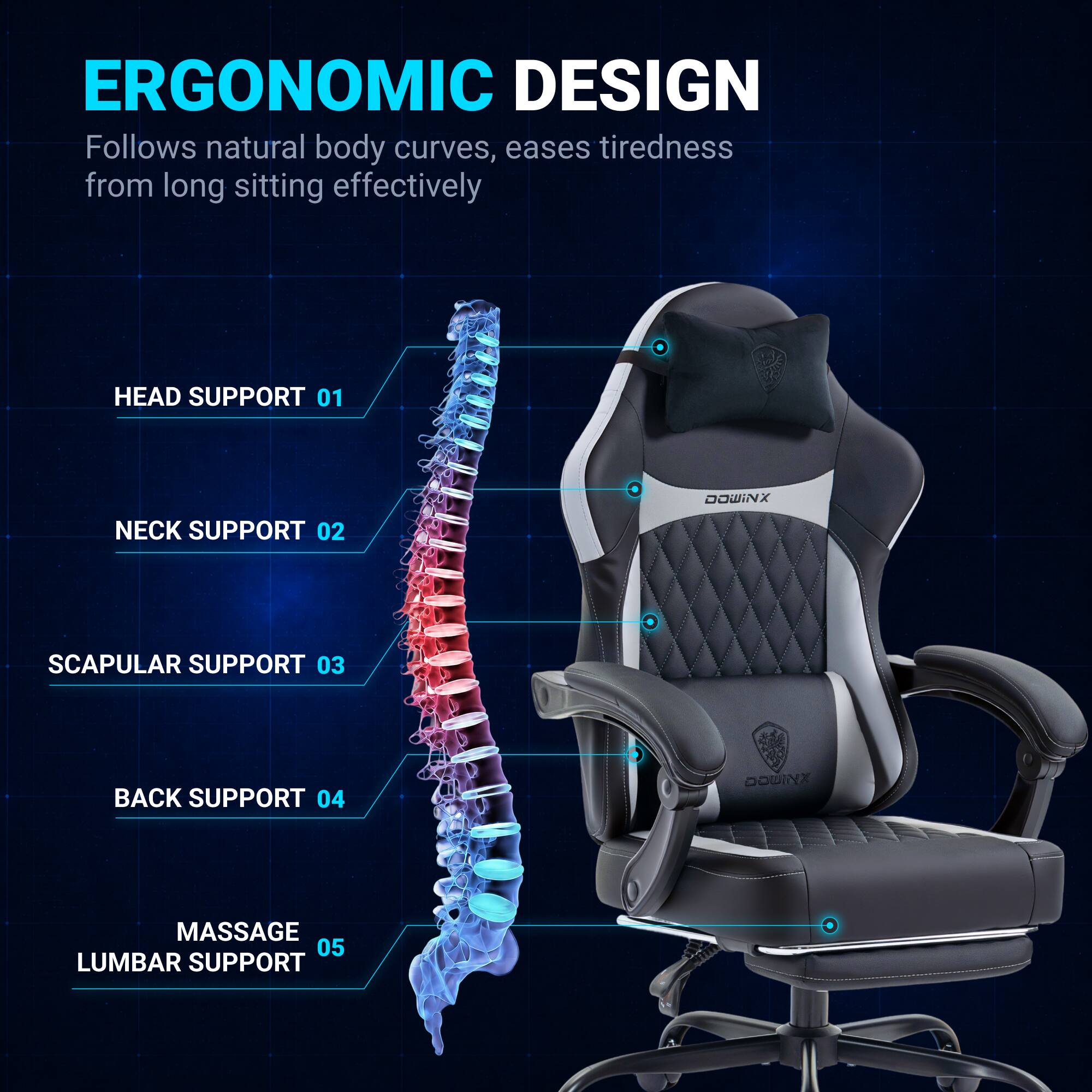 ERGONOMIC DESIGN  
Follows natural body curves, eases tiredness from long sitting effectively  

HEAD SUPPORT 01  
NECK SUPPORT 02  
SCAPULAR SUPPORT 03  
BACK SUPPORT 04  
MASSAGE LUMBAR SUPPORT 05