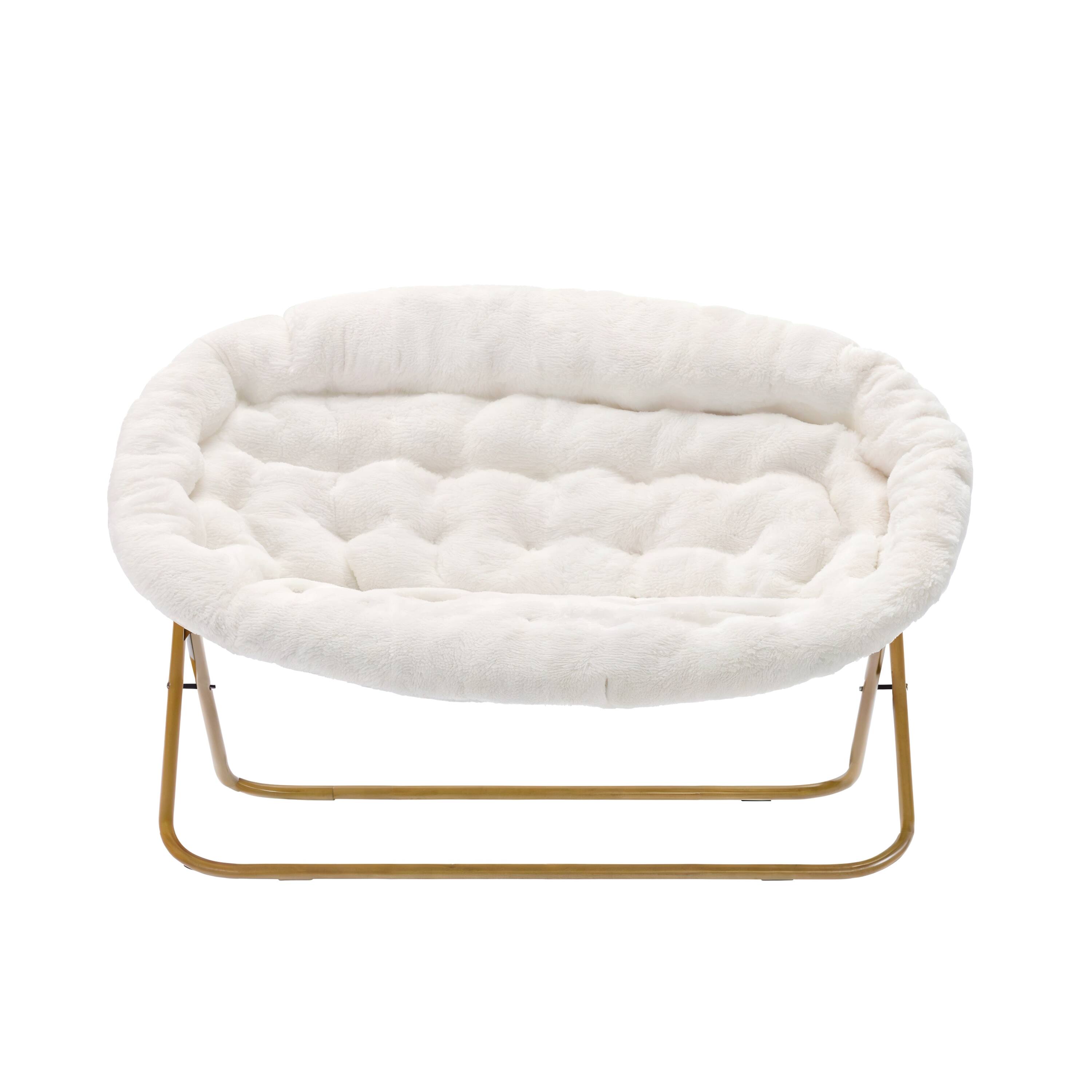 Alt View 7. Emma + Oliver - Janey Folding Double Saucer Chair with Steel Frame for Dorm, Living Room, or Bedroom - Ivory Faux Shearling Fabric/Soft Gold Frame.