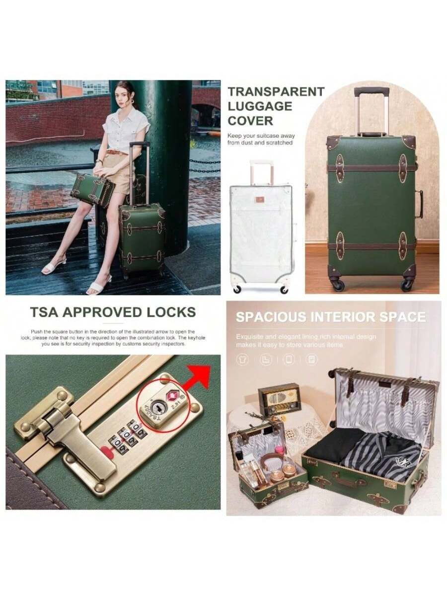 **TRANSPARENT LUGGAGE COVER**  
Keep your suitcase away from dust and scratched

**TSA APPROVED LOCKS**  
Push the square button in the direction of the illustrated arrow to open the lock. Please note that no key is required to open the combination lock. The keyhole you see is for security inspection by customs security inspectors.

**SPACIOUS INTERIOR SPACE**  
Exquisite and elegant lining, rich internal design makes it easy to store various items.