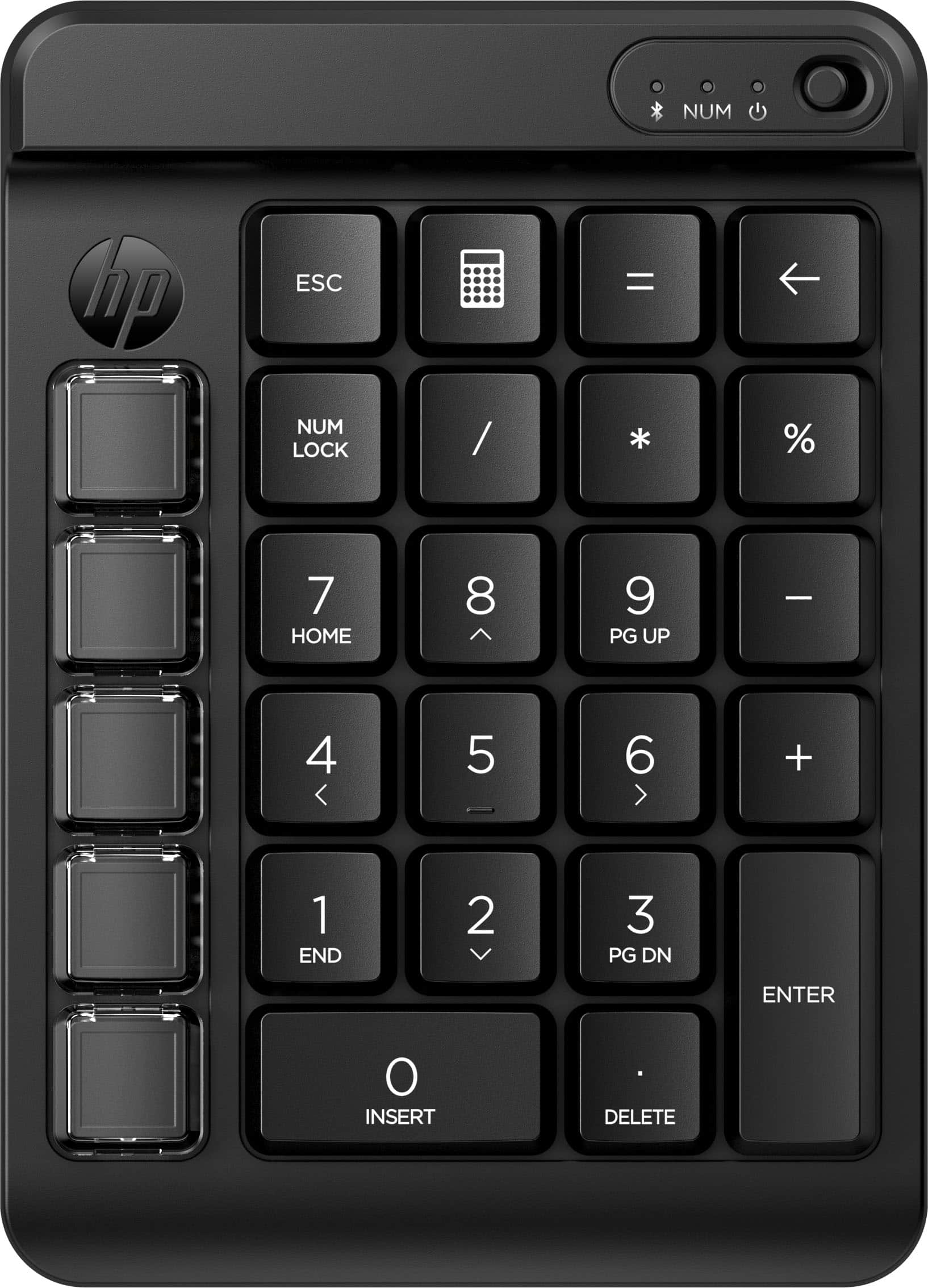 The image shows a close-up of a black HP keyboard with a calculator function. The keys include the number pad, function keys, and other special keys. The keys are arranged in a way that allows for easy access and use. The keyboard is designed to provide a comfortable and efficient typing experience for users.