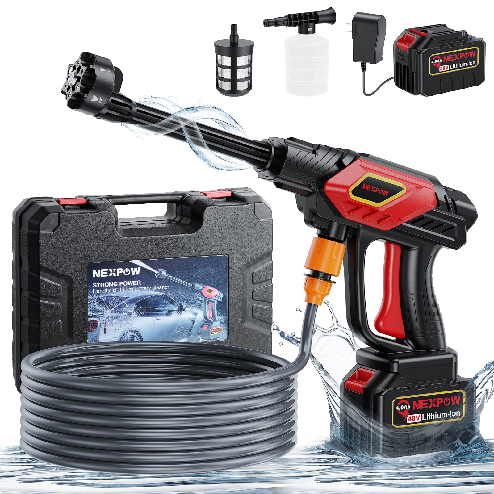 NEXPOW - 1000PSI Cordless Pressure Washer with 6-in-1 Nozzle and 4.0Ah Battery