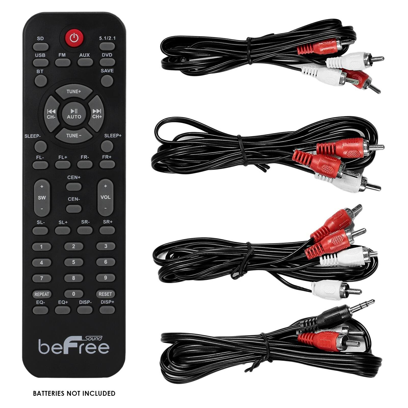 SD 5.1/2.1 USB FM AUX DVD BT SAVE TUNE+ TUNE- CH- CH+ AUTO SLEEP SLEEP+ FL- FL+ FR- FR+ CEN+ CEN- SW VOL SL- SL+ SR- SR+ 1 2 3 4 5 6 7 8 9 REPEAT EQ- EQ+ 0 RESET DISP. DISP+ Sound beFree BATTERIES NOT INCLUDED