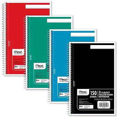 Mead
150 Subject
55 Sheets Notebook
College Ruled
3 Subject
55 Sheets
Notebook
241 x 9"