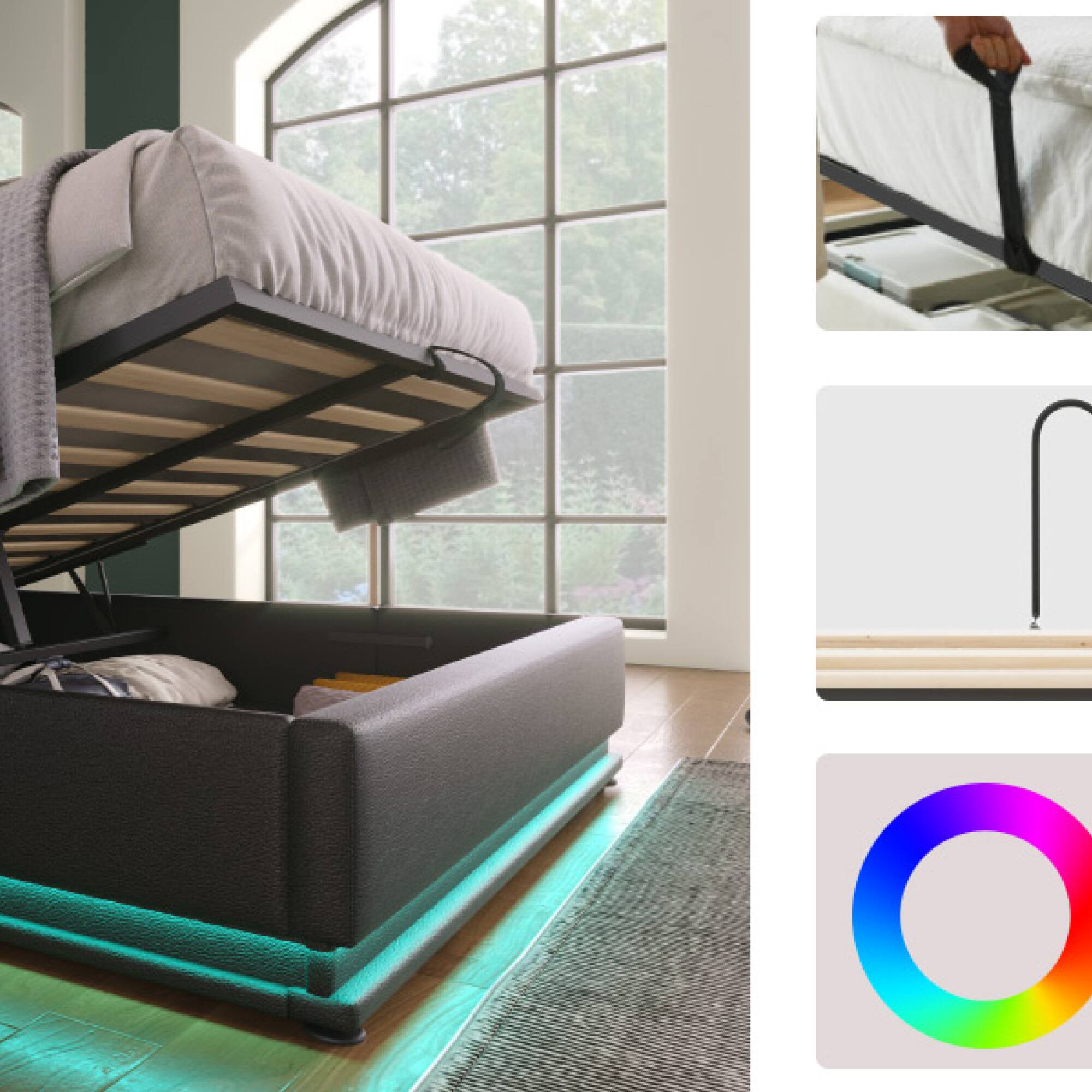 Angle. GOODSILO - Queen Size Upholstered LED Bed with Hydraulic Storage and USB Charging - Black.