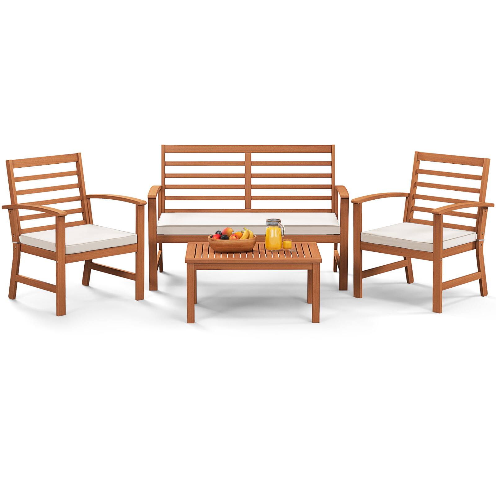 Gymax - 4PCS Outdoor Furniture Set w/ Soft Seat Cushions Stable Acacia Wood Frame - Natural, White price history on PriceWatchPro
