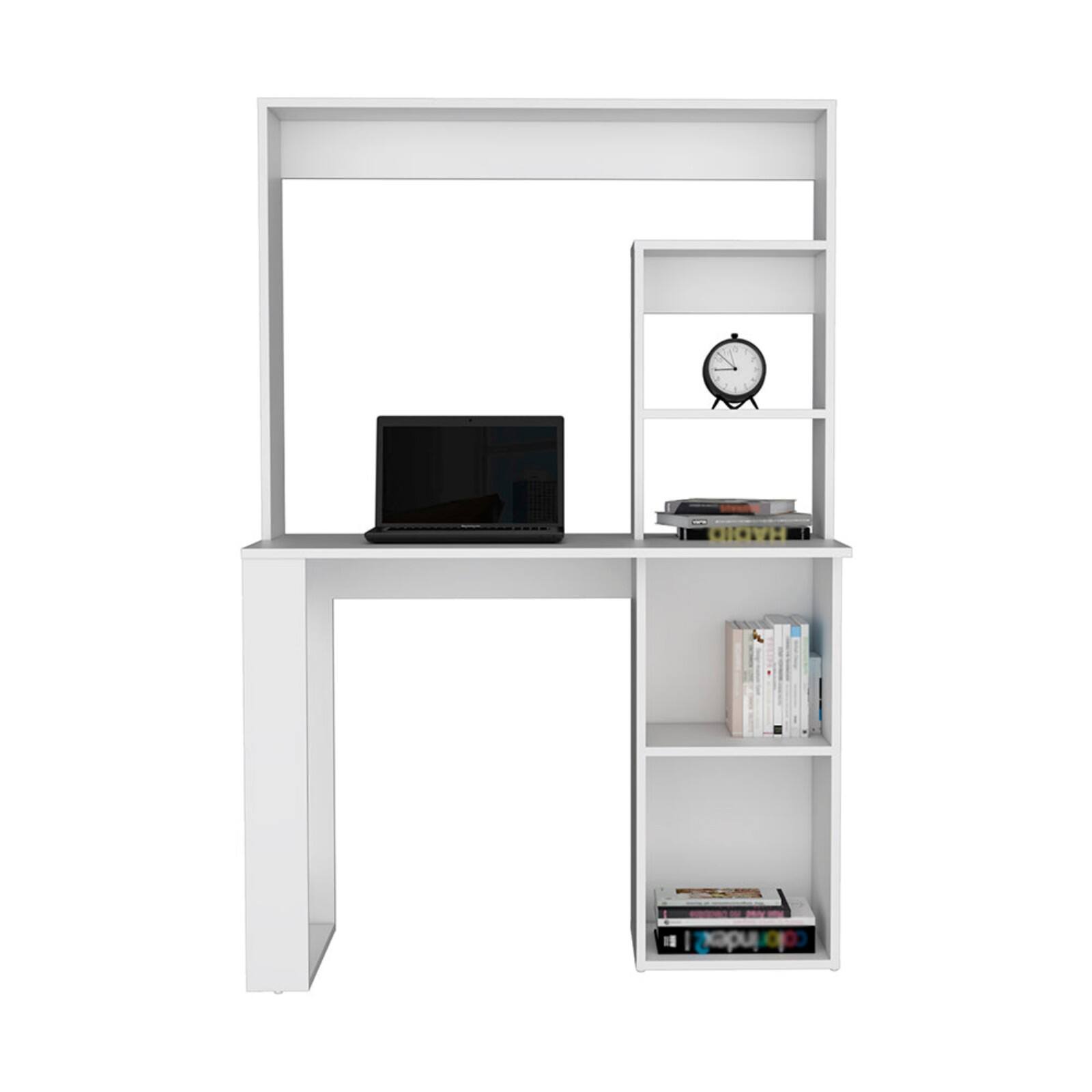 Glintex - Writing Computer Desk with Hutch, Compact Design for Home Office, Five Storage Shelves for Organization - White