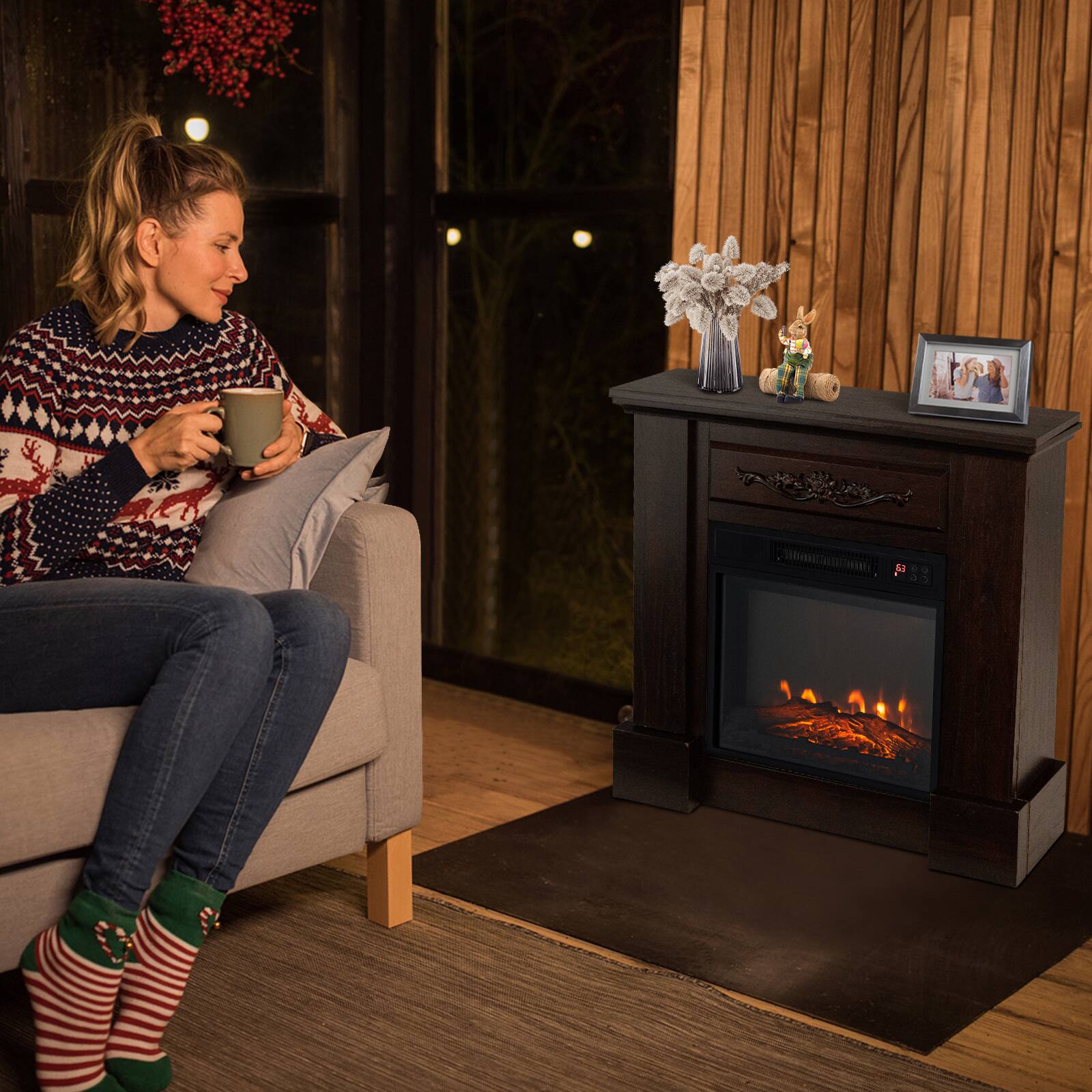 Angle. SlickBlue - Electric Fireplace TV Console 1400W with Mantel and Remote Control - Natural.