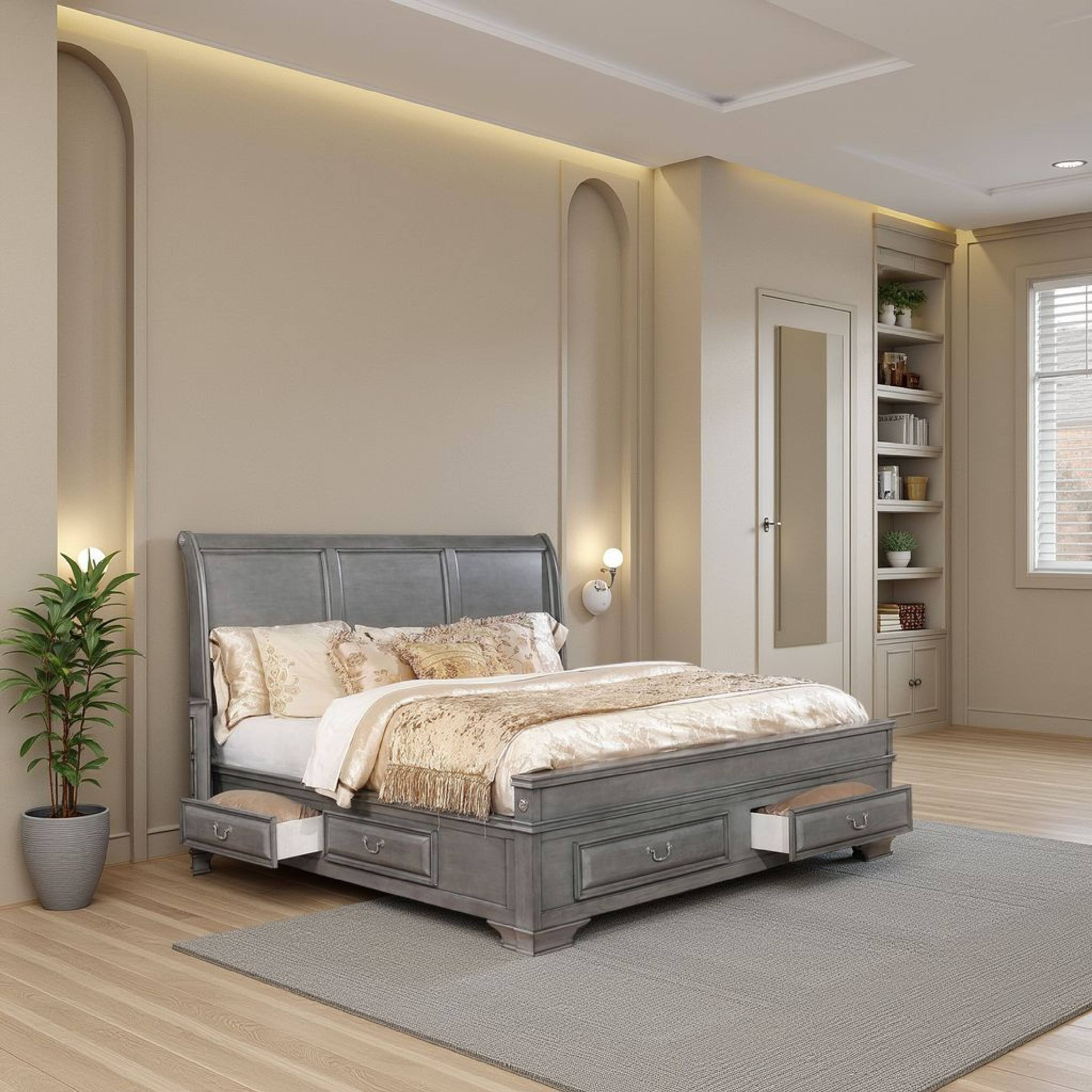 Alt View 5. Manhattan Lane - Wooden Queen Size Bed with Spacious Storage Drawers, Gray - Gray.