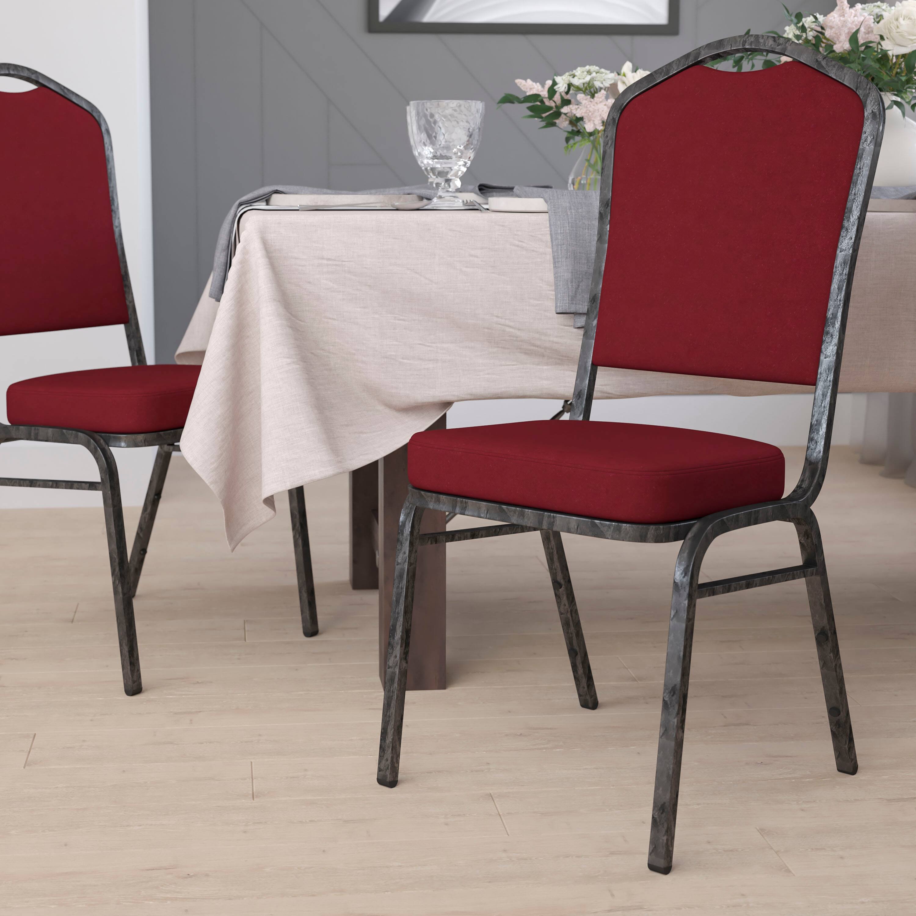 Alt View 1. Emma + Oliver - Crown Back Stacking Banquet Dining Chair - Burgundy Fabric/Silver Vein Frame.
