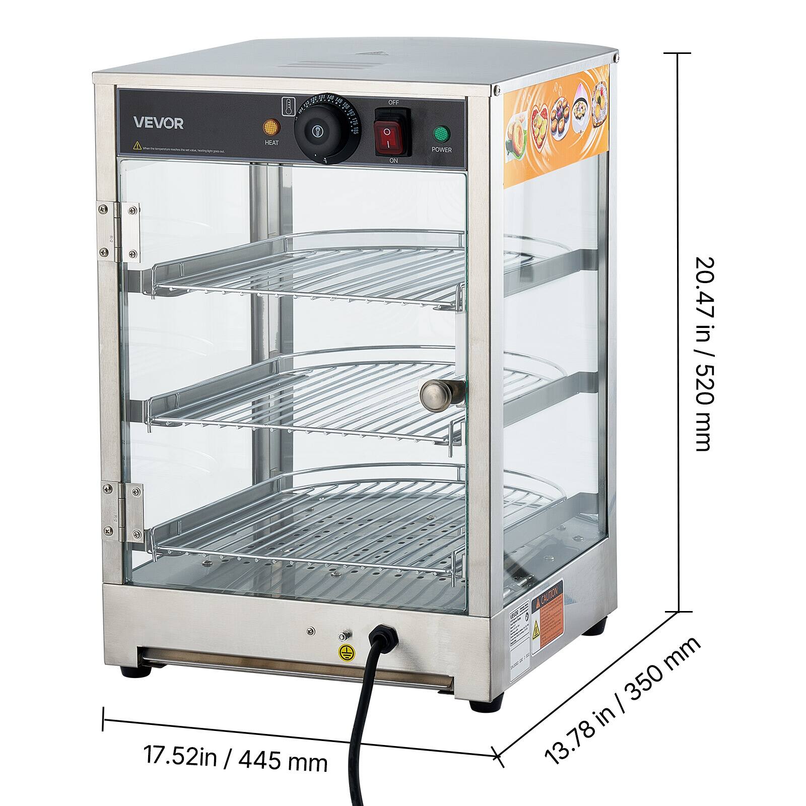 VEVOR A C  
OFF  
HEAT  
ON  
POWER  

20.47 in / 520 mm  
17.52 in / 445 mm  
13.78 in / 350 mm