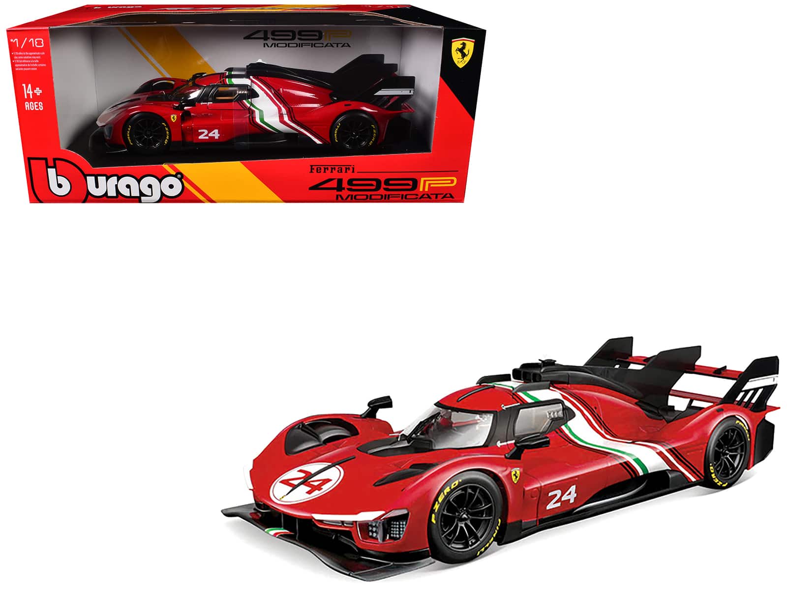"Ferrari 499P Modificata #24 Red with Italian Flag Stripes ""Racing"" Series 1/18 Diecast Model Car by Bburago" price history on PriceWatchPro
