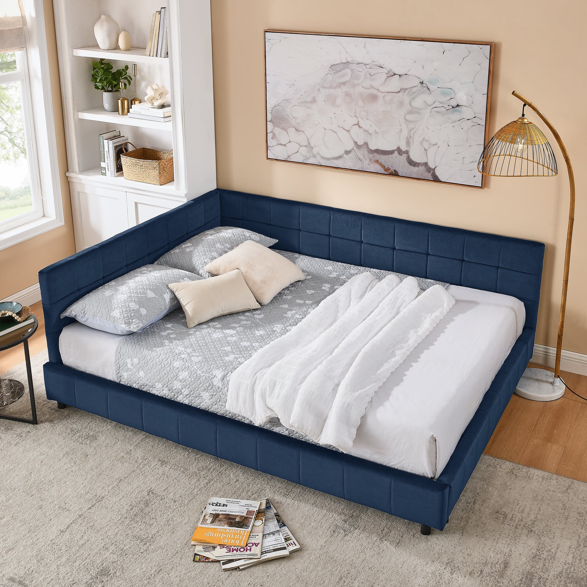 Anysun - Queen Velvet Tufted Sofa Bed Frame - with Comfortable Backrest & Armrests for Bedroom or Living Room - Blue