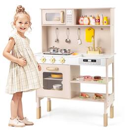 Gymax - Height Adjustable Play Kitchen Wooden Kitchen Playset w/ Real Lights & Sounds - Pink