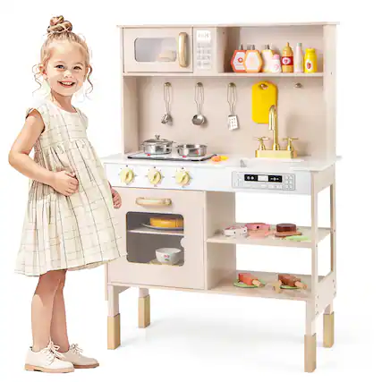 Front. Gymax - Gymax Height Adjustable Play Kitchen Wooden Kitchen Playset w/ Real Lights & Sounds - Pink.