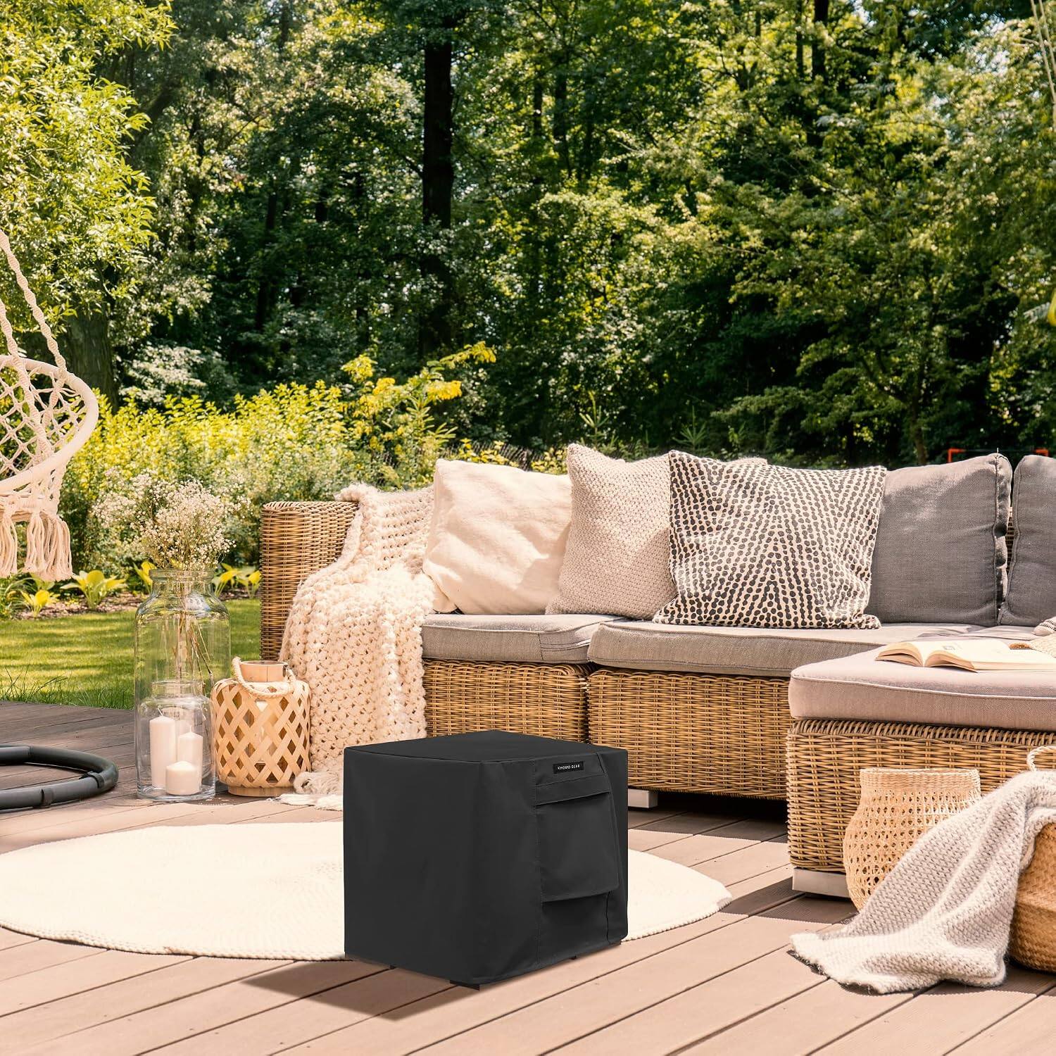 Angle. KHOMO GEAR - Heavy Duty Outdoor Furniture Cover - Waterproof Square & Rectangular Covers with Air Vents - for Ottoman, Tables - Black.