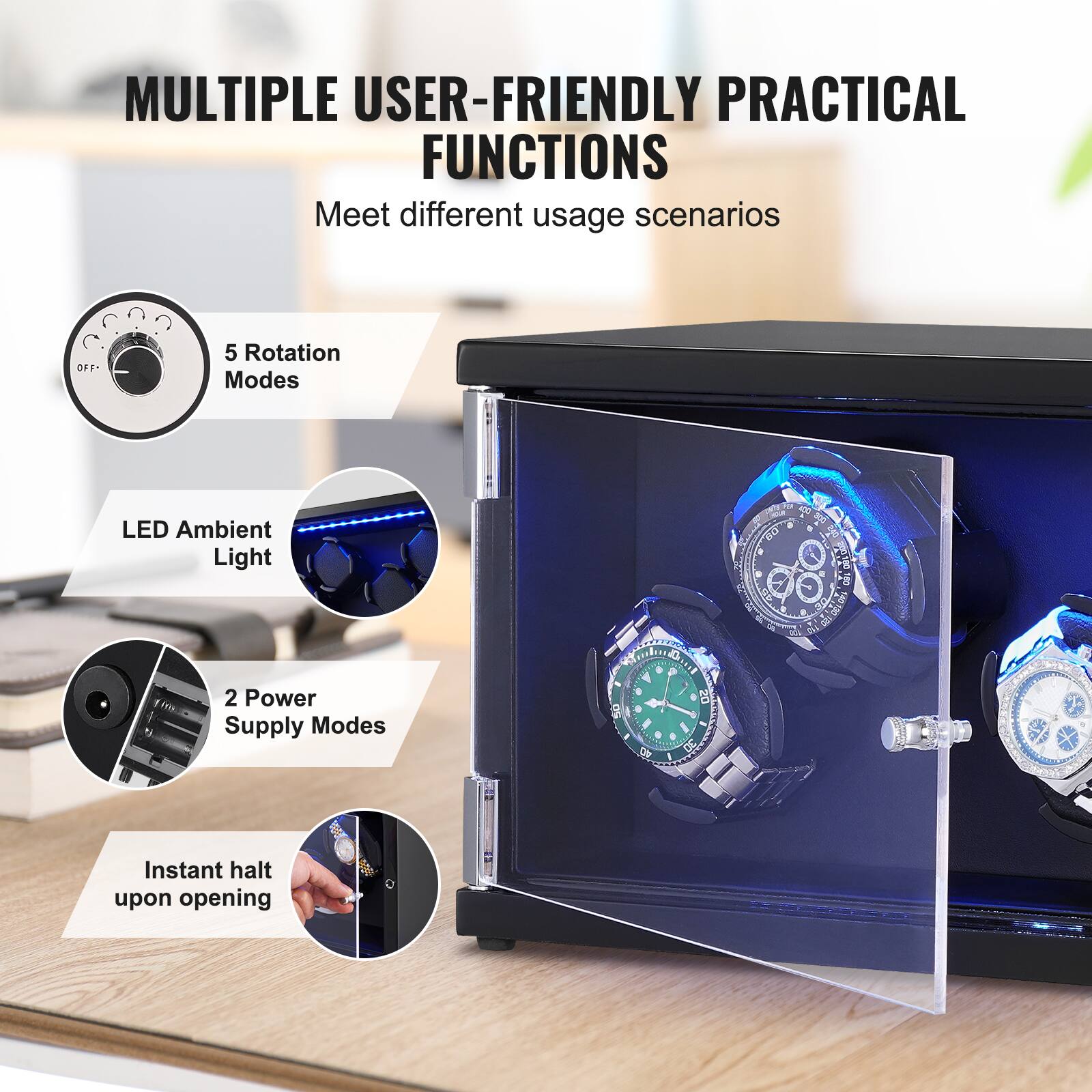 MULTIPLE USER-FRIENDLY PRACTICAL FUNCTIONS  
Meet different usage scenarios

- 5 Rotation Modes
- LED Ambient Light
- 2 Power Supply Modes
- Instant halt upon opening