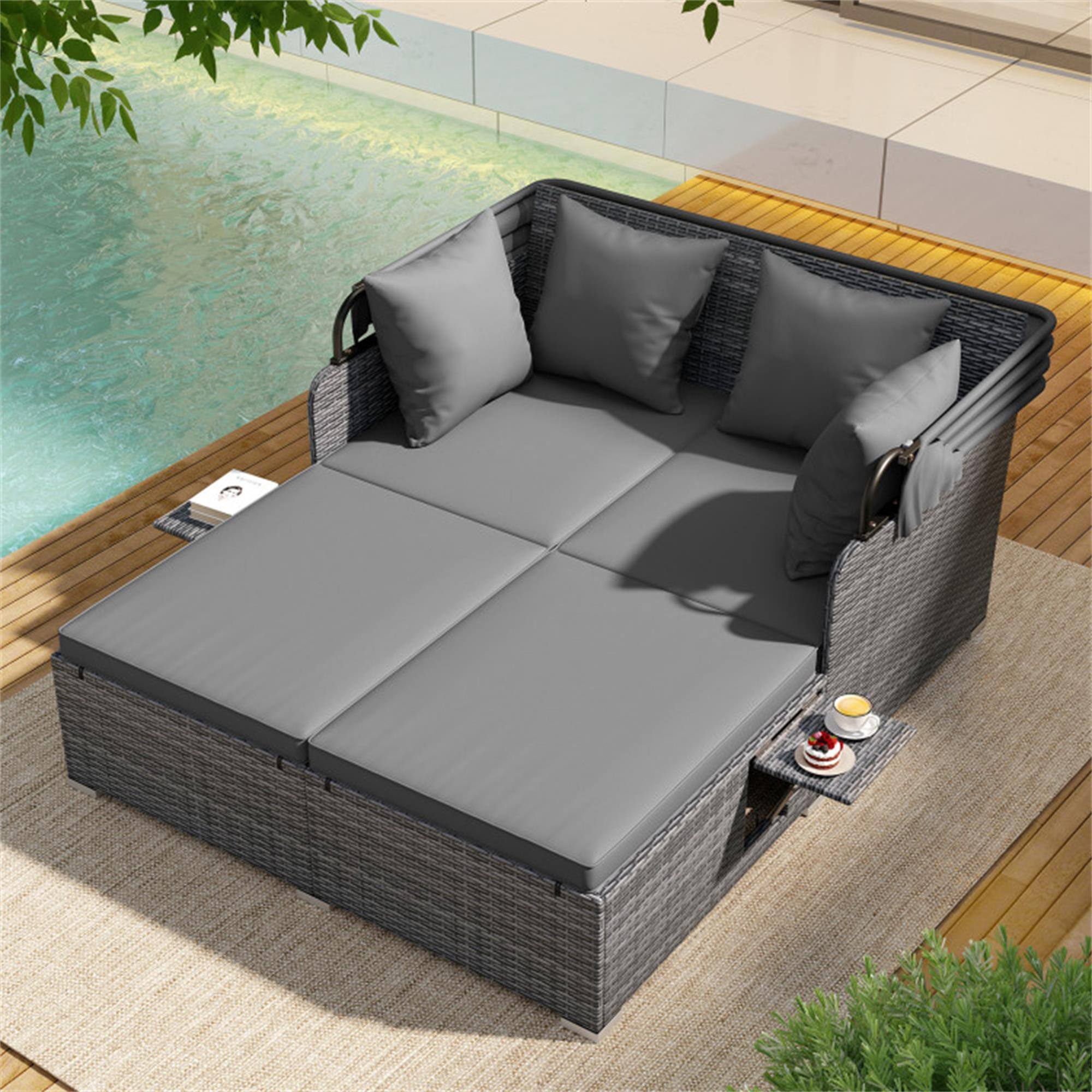 Alt View 1. Boyel Living - Gray Patio Rattan Daybed with Retractable Canopy and Side Tables 65-in L x 60.5-in W x 54.5-in H - Gray.