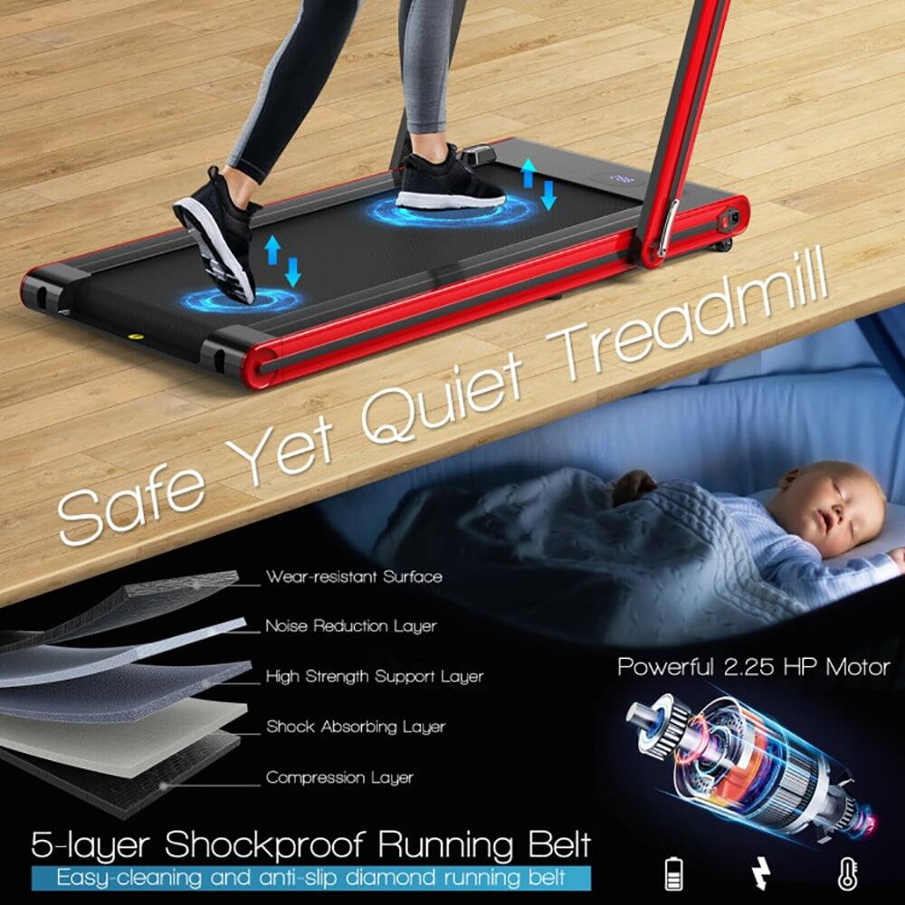 Safe Yet Quiet Treadmill

- Wear-resistant Surface
- Noise Reduction Layer
- High Strength Support Layer
- Shock Absorbing Layer
- Compression Layer

5-layer Shockproof Running Belt

Easy cleaning and anti-slip diamond running belt

Powerful 2.25 HP Motor