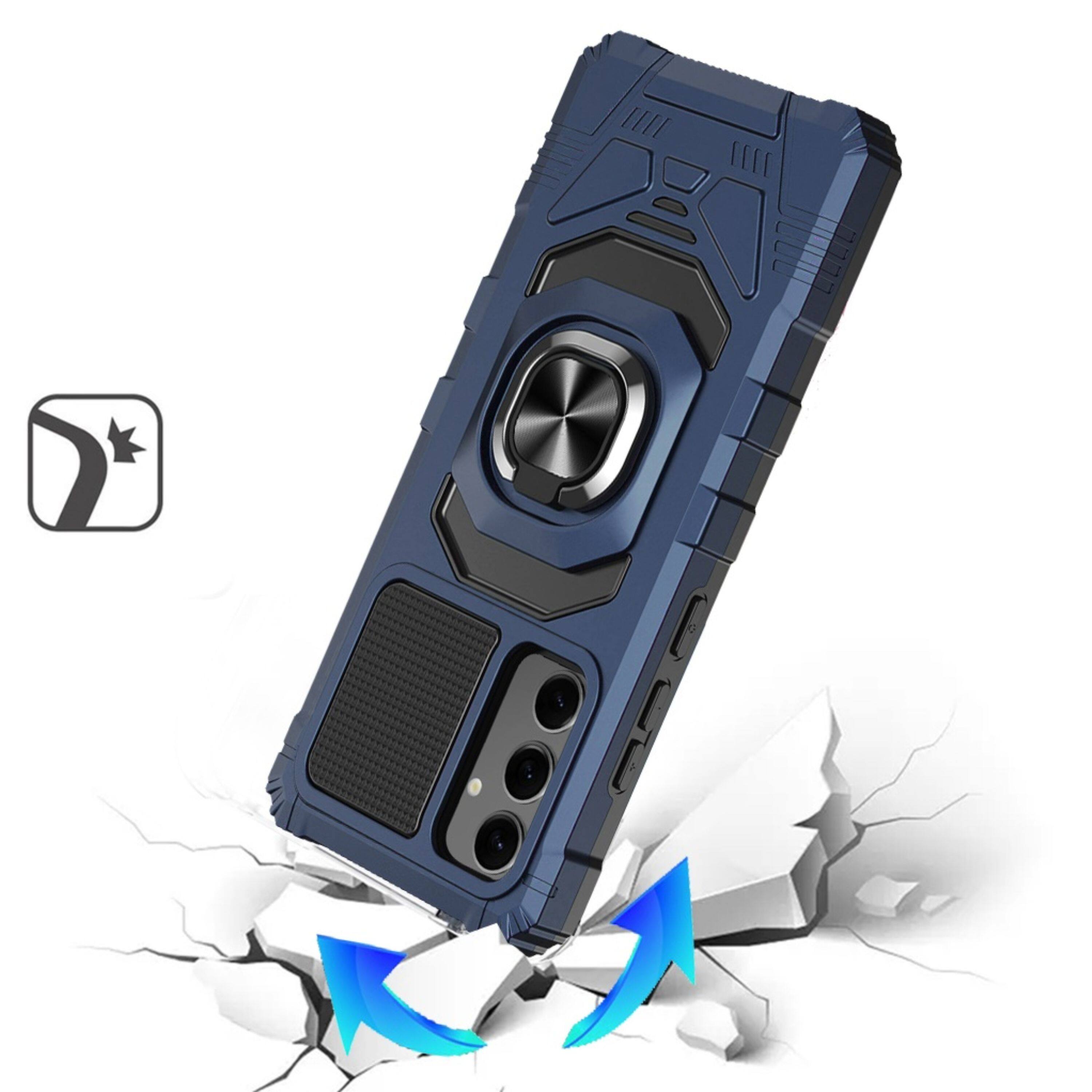 Angle. Kitcheniva - Shockproof Dual Layer Phone Case With Ring Stand & Tempered Glass For Samsung Galaxy S26+ Dark Blue - Dark Blue.