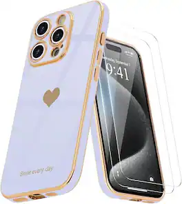 Entronix - iPhone 16 Pro Max Protective Bundle - Flexible Glossy Heart Case & 2 Screen Protectors - Purple