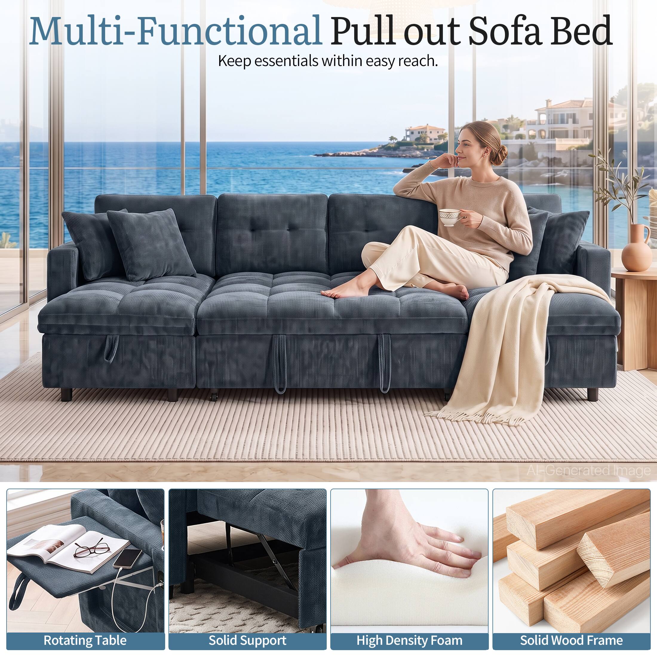Multi-Functional Pull out Sofa Bed  
Keep essentials within easy reach.  

Rotating Table  
Solid Support  
High Density Foam  
Solid Wood Frame