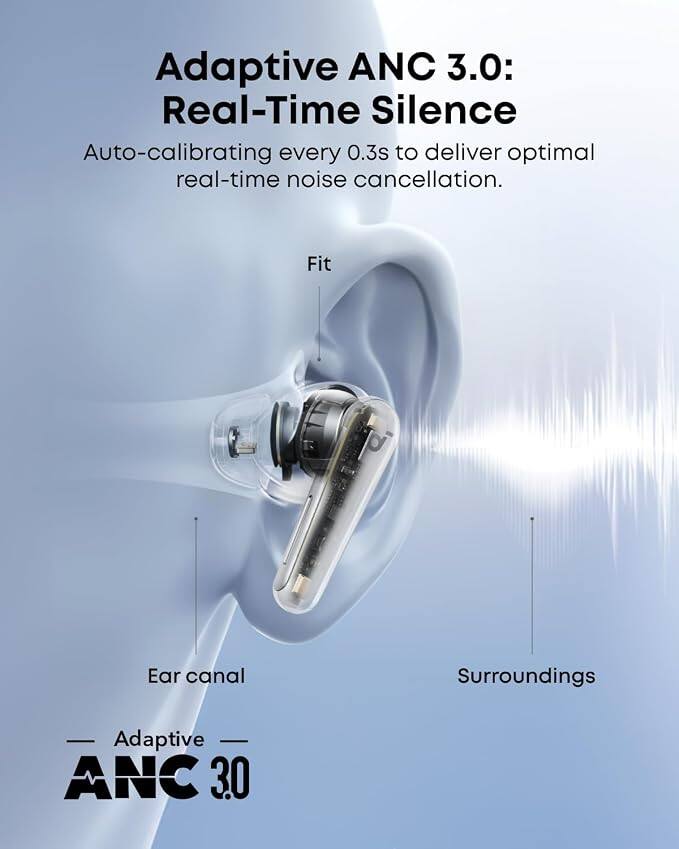 Adaptive ANC 3.0: Real-Time Silence  
Auto-calibrating every 0.3s to deliver optimal real-time noise cancellation.  

Fit  
Ear canal  
Surroundings  

Adaptive  
ANC 3.0
