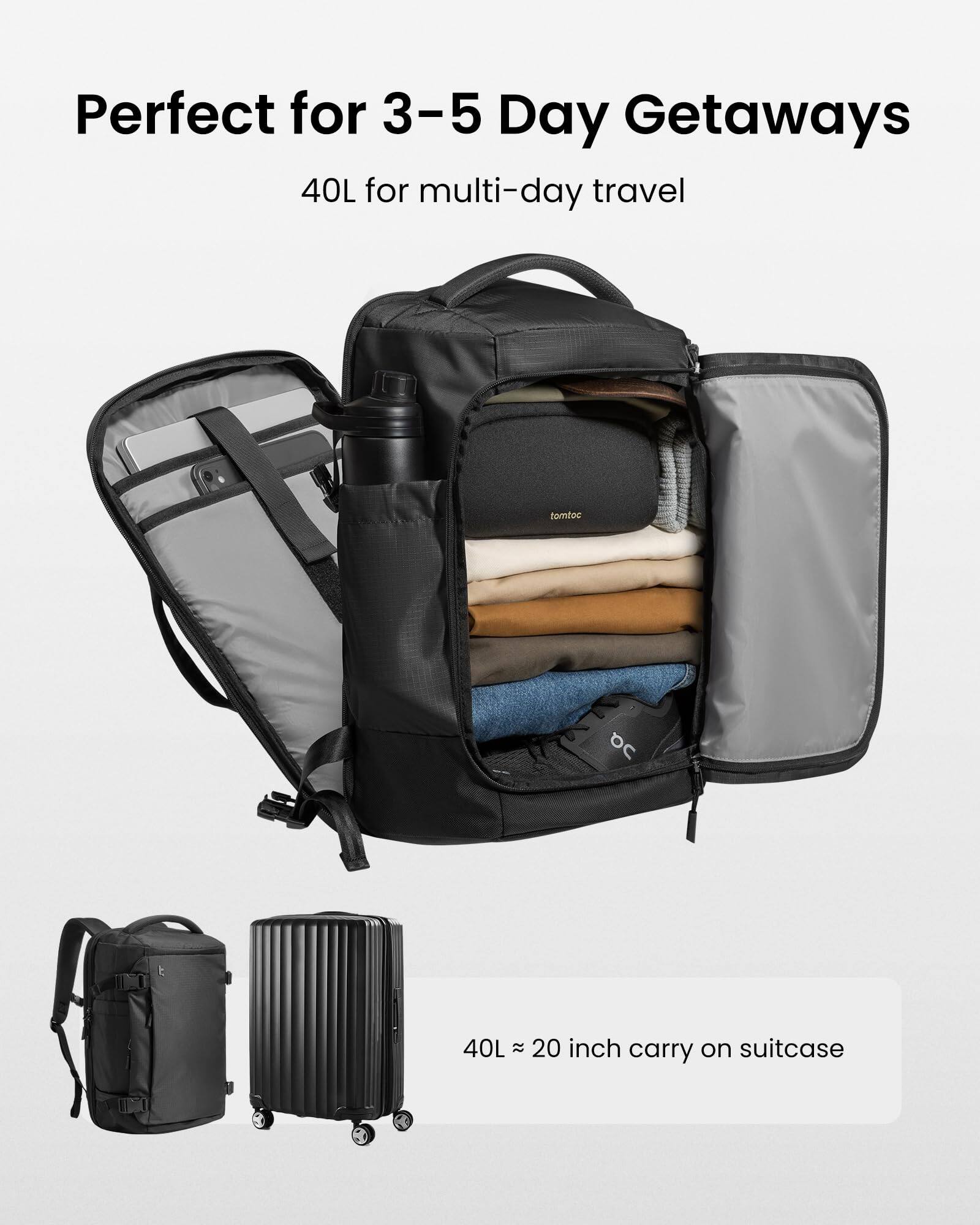 Perfect for 3-5 Day Getaways  
40L for multi-day travel  

tomtoc  

40L ~ 20 inch carry on suitcase