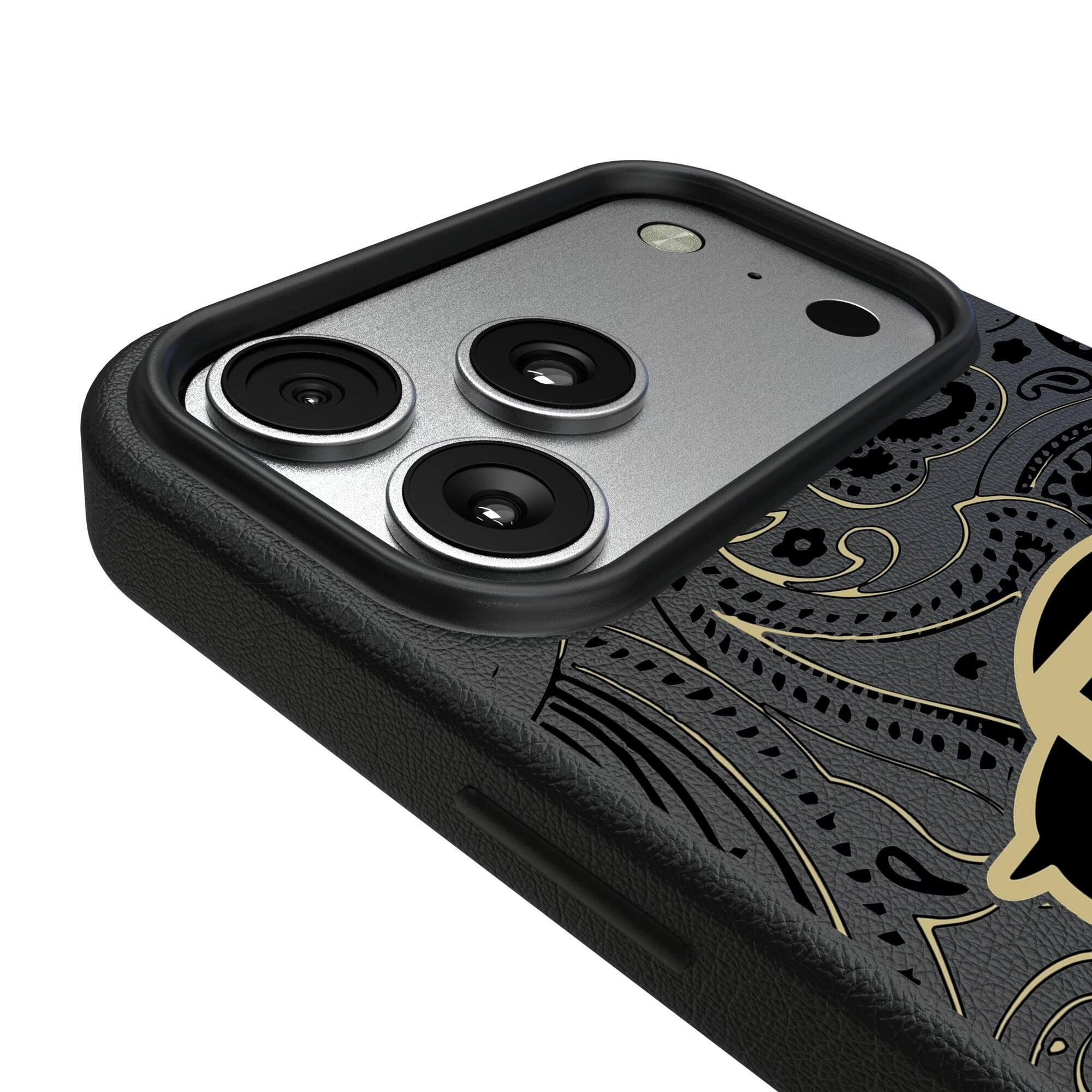 Alt View 2. Keyscaper - Colorado Buffaloes Paisley iPhone Magnetic Bump Case - 15 Pro Max - Black.