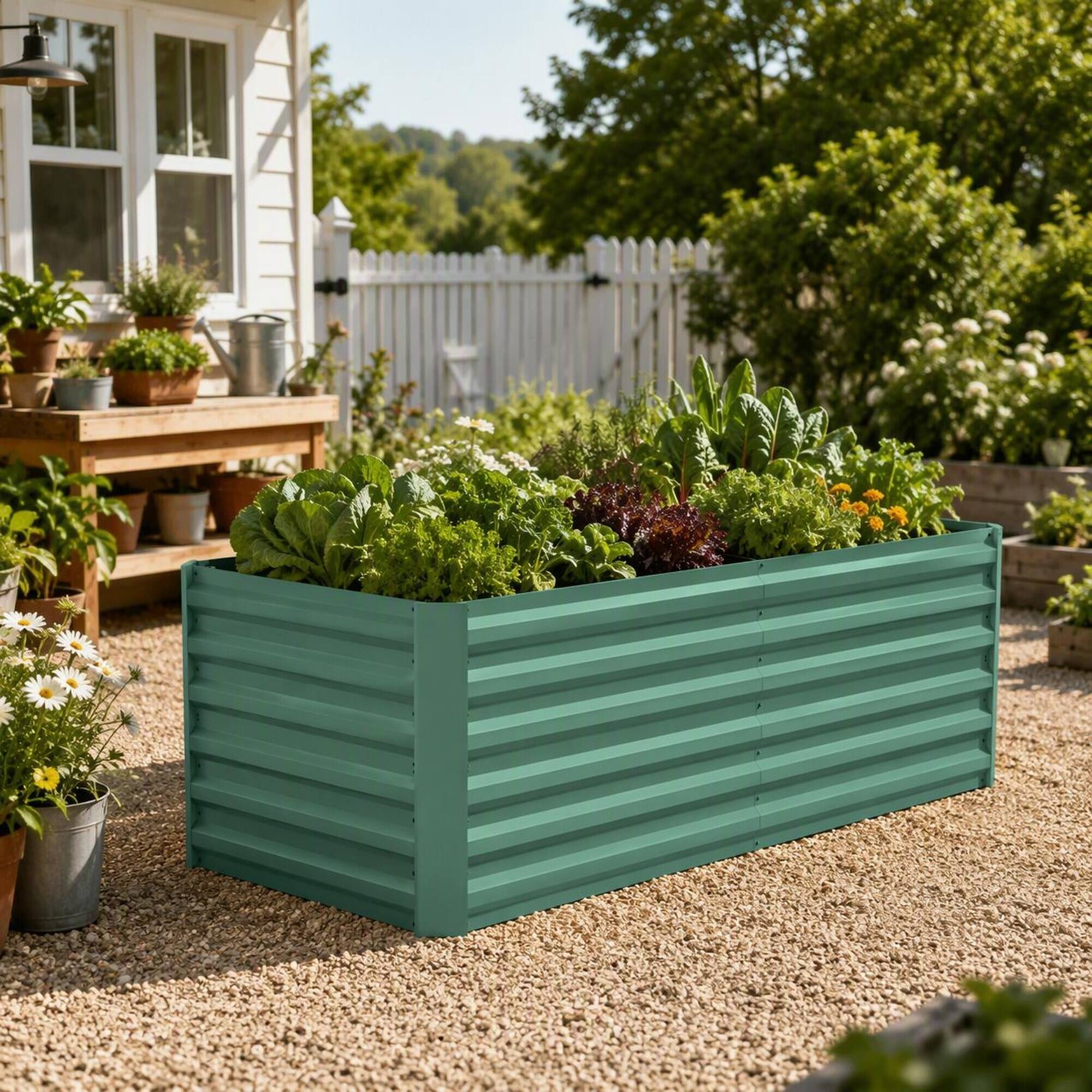 Left. RYHNUYNE - Large Galvanized Raised Garden Bed Kit 6ft x 3ft x 2ft Tall Metal Planter Box for Vegetables Flowers and Herbs - Green.