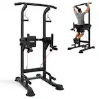 Front. VEVOR - Pull Up Bar, 330 LBS Power Tower Dip Station, Workout Dip Station with H-Shaped Stable Base & Back Pad - Black.