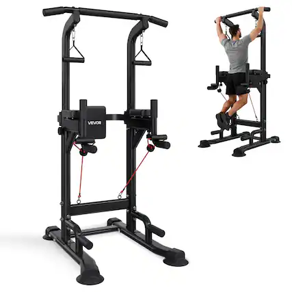 Front. VEVOR - Pull Up Bar, 330 LBS Power Tower Dip Station, Workout Dip Station with H-Shaped Stable Base & Back Pad - Black.