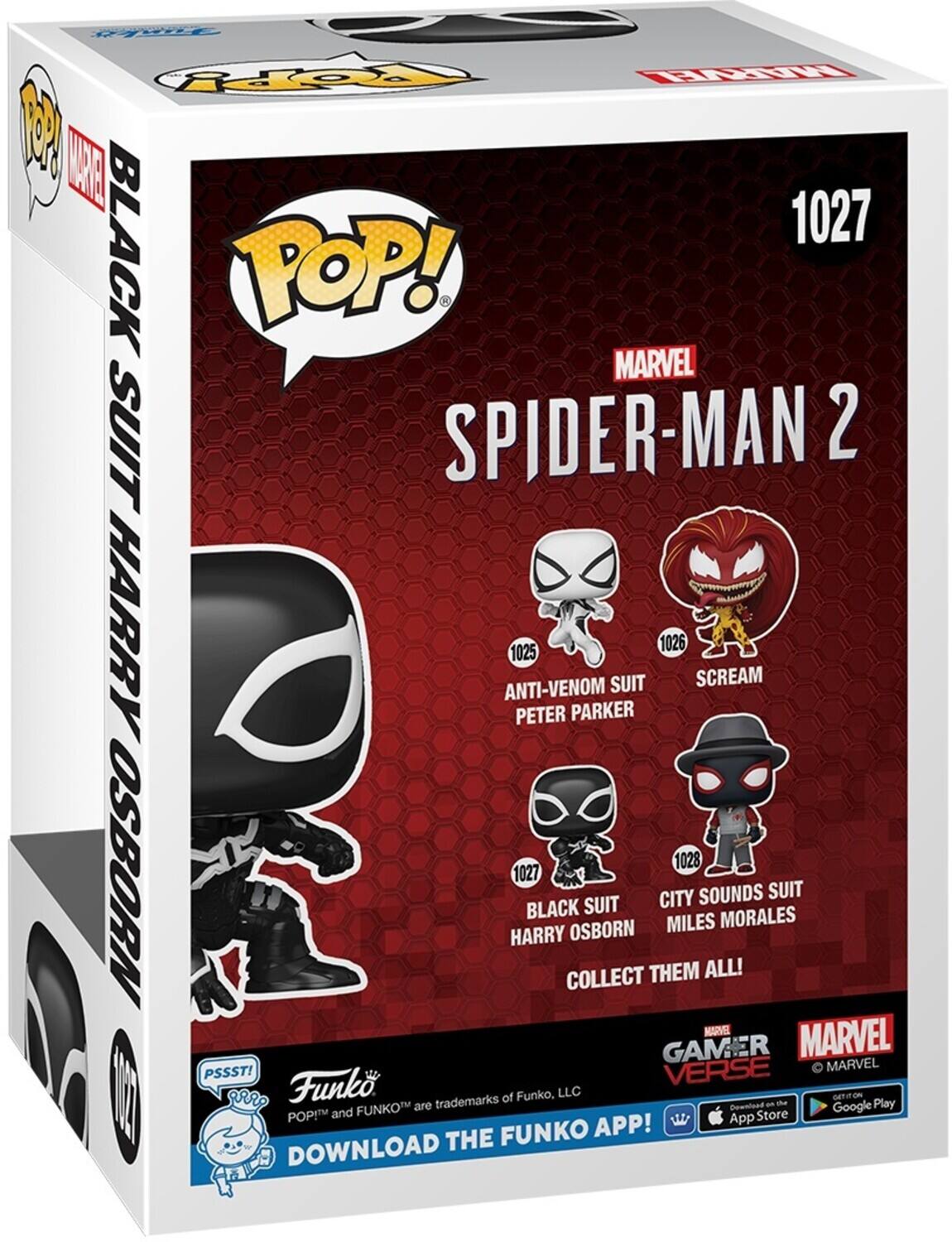 Rpy WIRE  L 1027 BLACK POP! MARVEL SUIT SPIDER-MAN 2 HARRY ANTI-VENOM 1025 PETER PARKER SUIT 1026 SCREAM OSBORN P HARRY 1027 BLACK COLLECT OSBORN SUIT THEM CITY MILES 1028 SOUNDS ALL! MORALES SUIT NARVE MARVEL MARVEL PSSST! Funko GAMER VERSE of Funko, LLC GETITON are trademarks Gownload an the Google Play POPM and FUNKOT Store APP! App THE FUNKO DOWNLOAD
