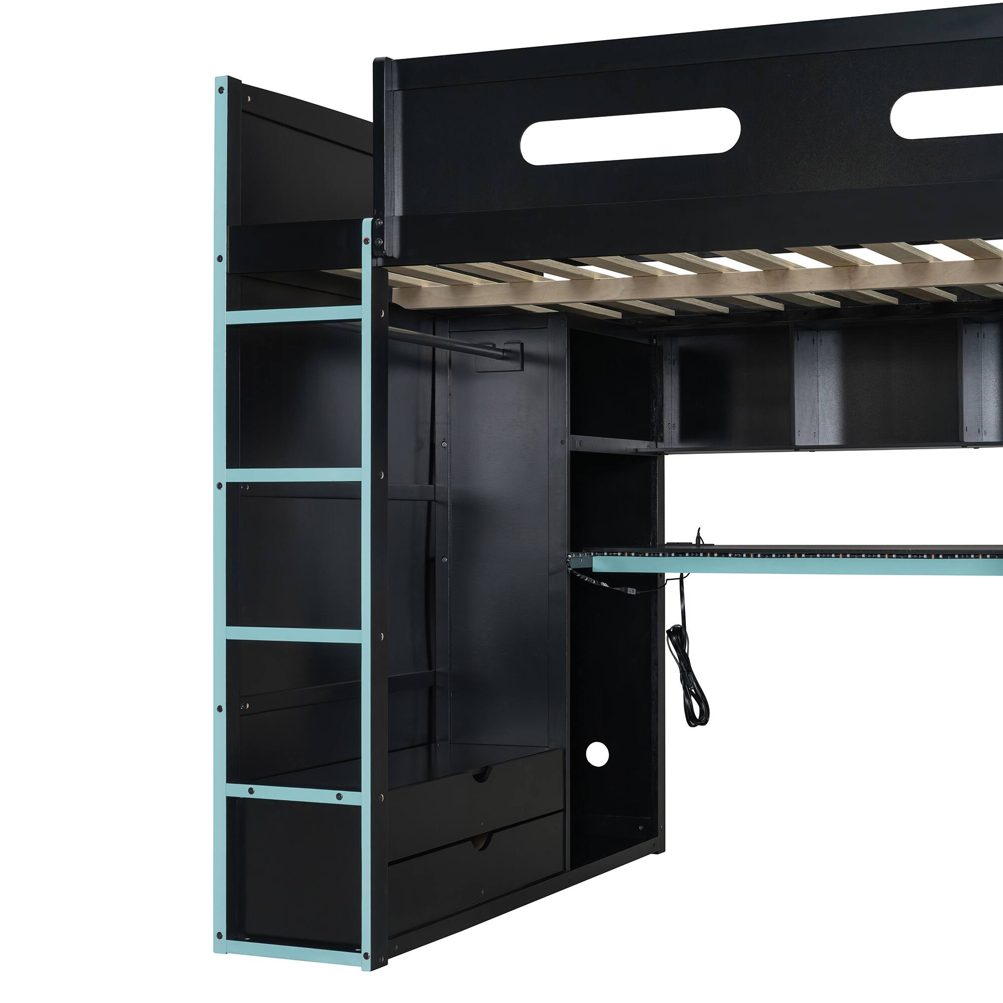 Alt View 4. Anysun - Full Size Wood Loft Bed with Desk,Wardrobe,Ample Storage Space,and RGB Light - Blue.