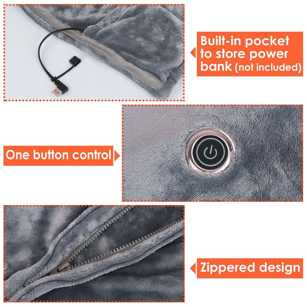 - Built-in pocket to store power bank (not included)
- One button control
- Zippered design
