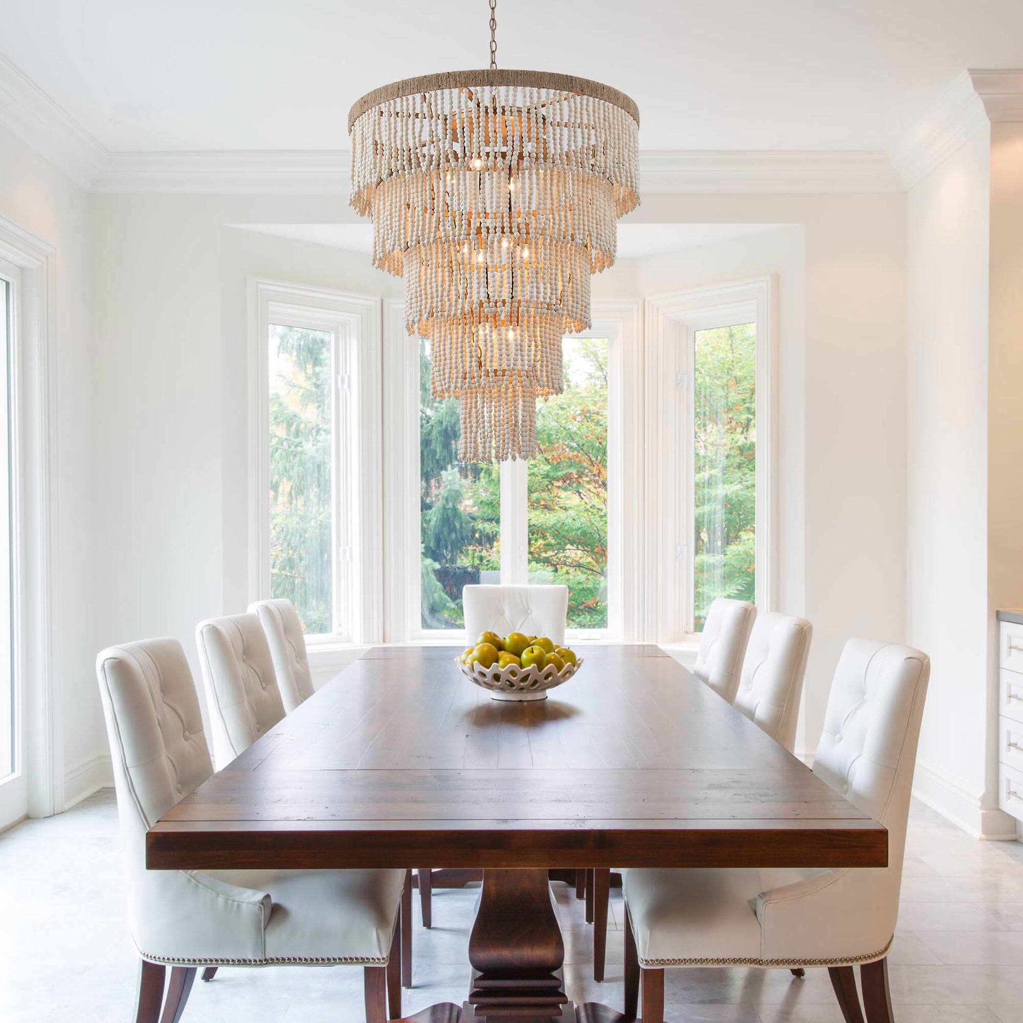 Front. Parrot Uncle - 31.5" 9-Light Bohemian Off-White 5-Tier Wooden Beads Chandelier - Off-White.