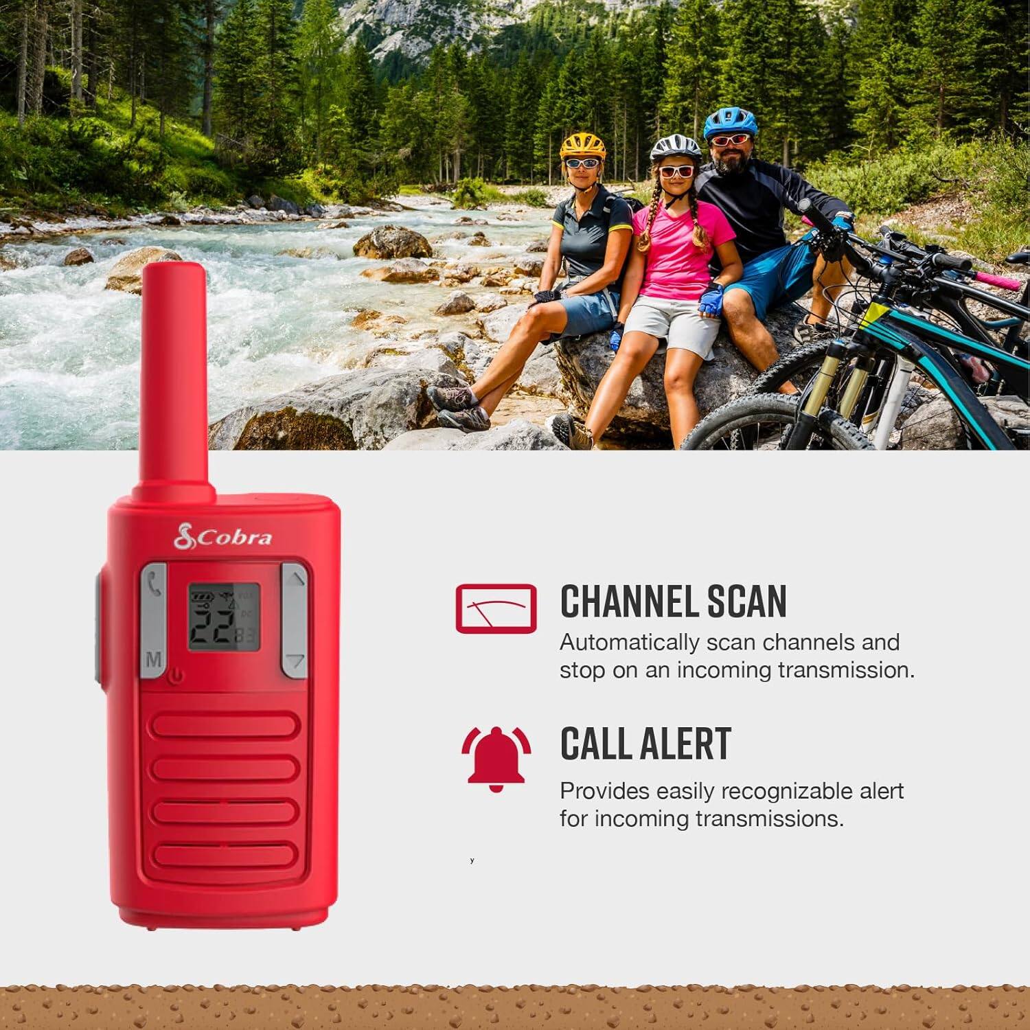 - **Cobra M 22 CHANNEL SCAN**
  - Automatically scan channels and stop on an incoming transmission.

- **CALL ALERT**
  - Provides easily recognizable alert for incoming transmissions.