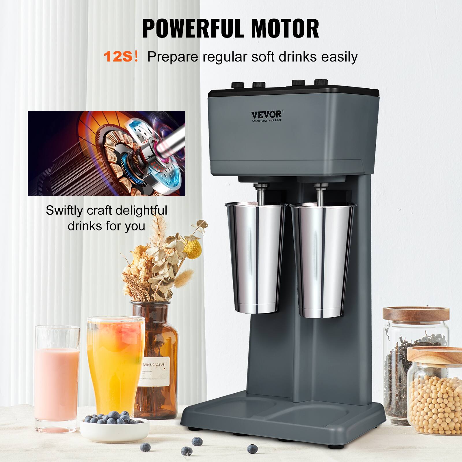 POWERFUL MOTOR  
12S! Prepare regular soft drinks easily  

VEVOR TOUGH OGUA RACE  
Swiftly craft delightful drinks for you  

TAINS CACTUS