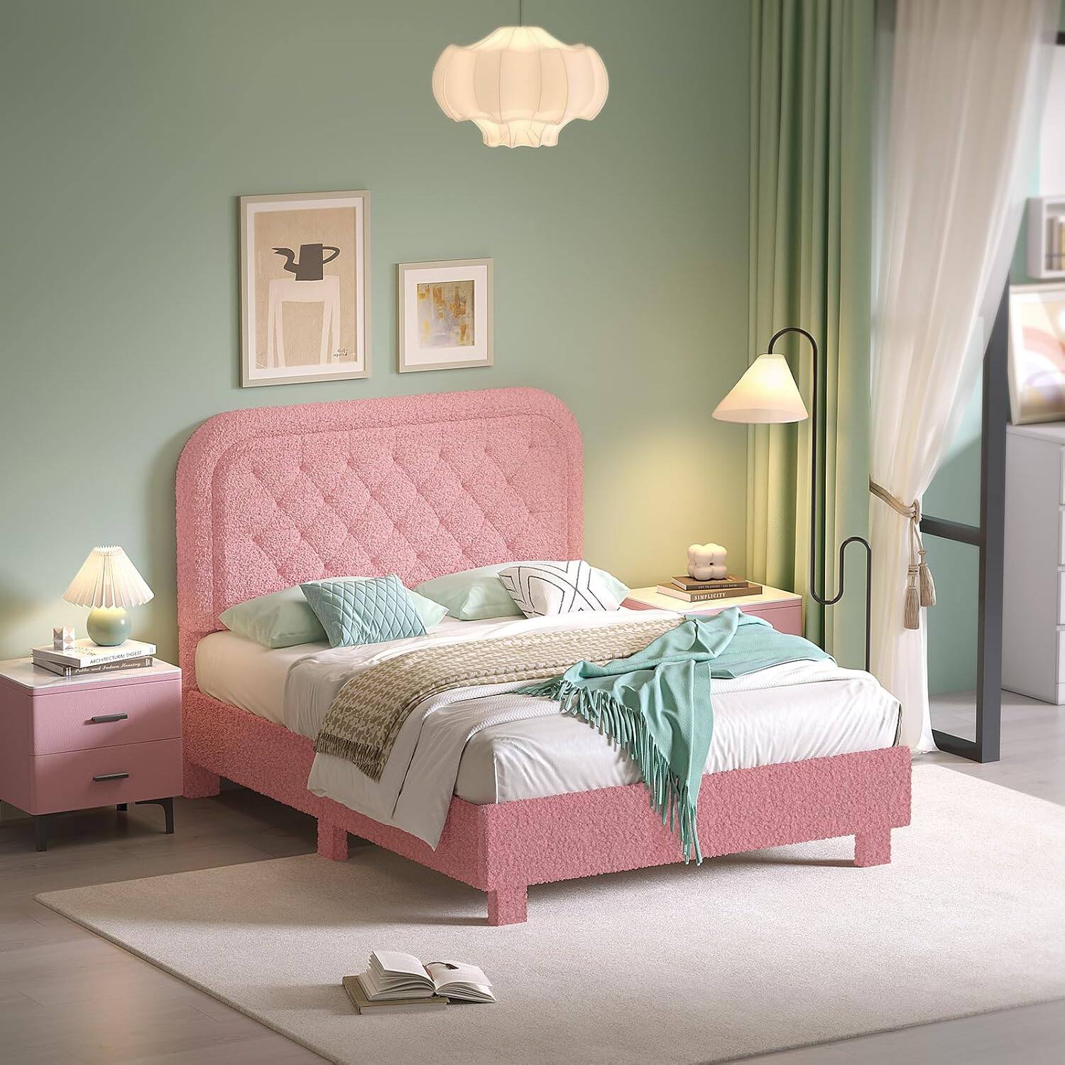 Alt View 6. Winado - Bed Frame with Headboard,Cozy Soft Platform Bed with Wooden Slats Support Cream Modern Style,Noise Free,Rounded Corners - Full-Pink.