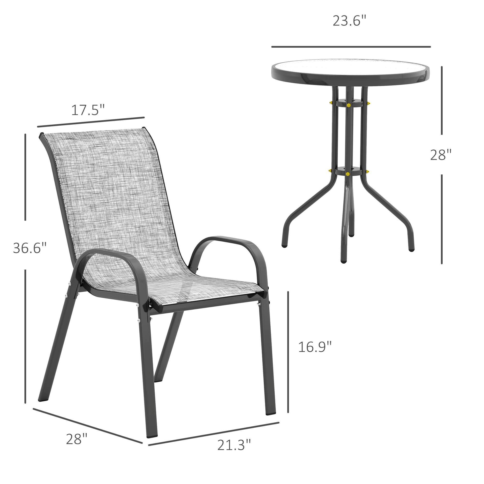 Chair: 36.6", 28", 21.3", 16.9", 17.5"

Table: 28", 23.6"